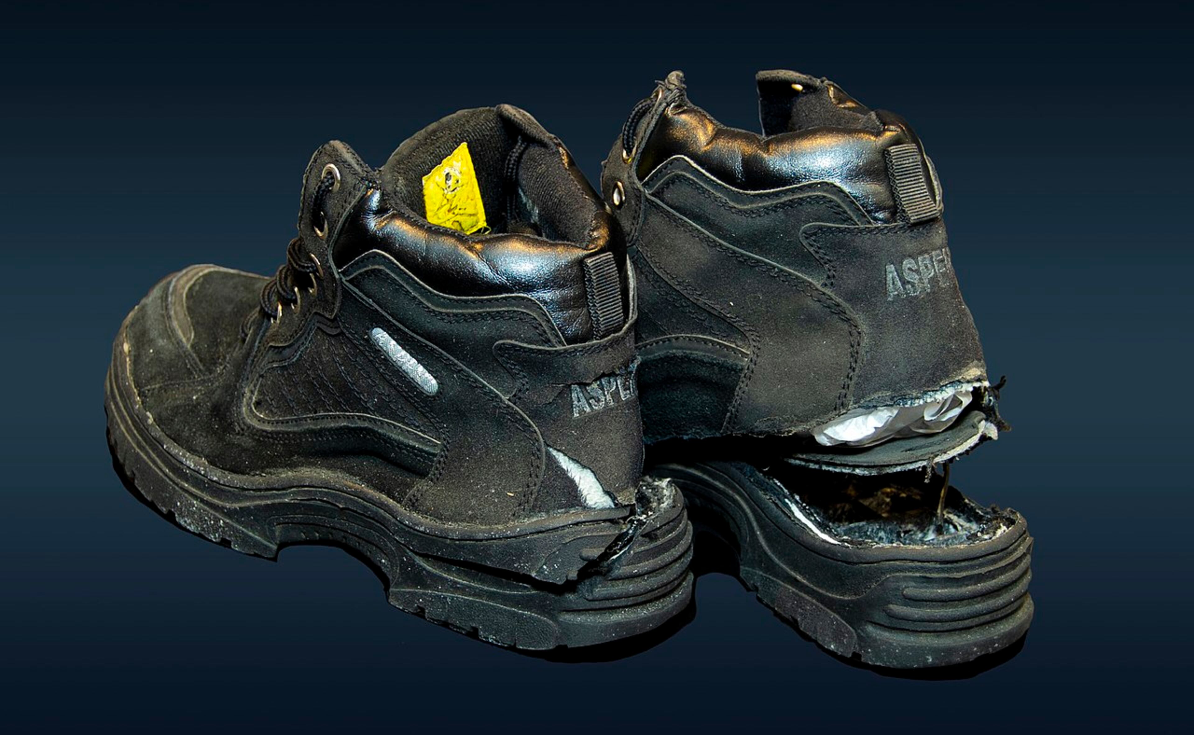 These are the shoes that Richard Reid wore in 2001 when he tried to blow up an airplane. (FBI)