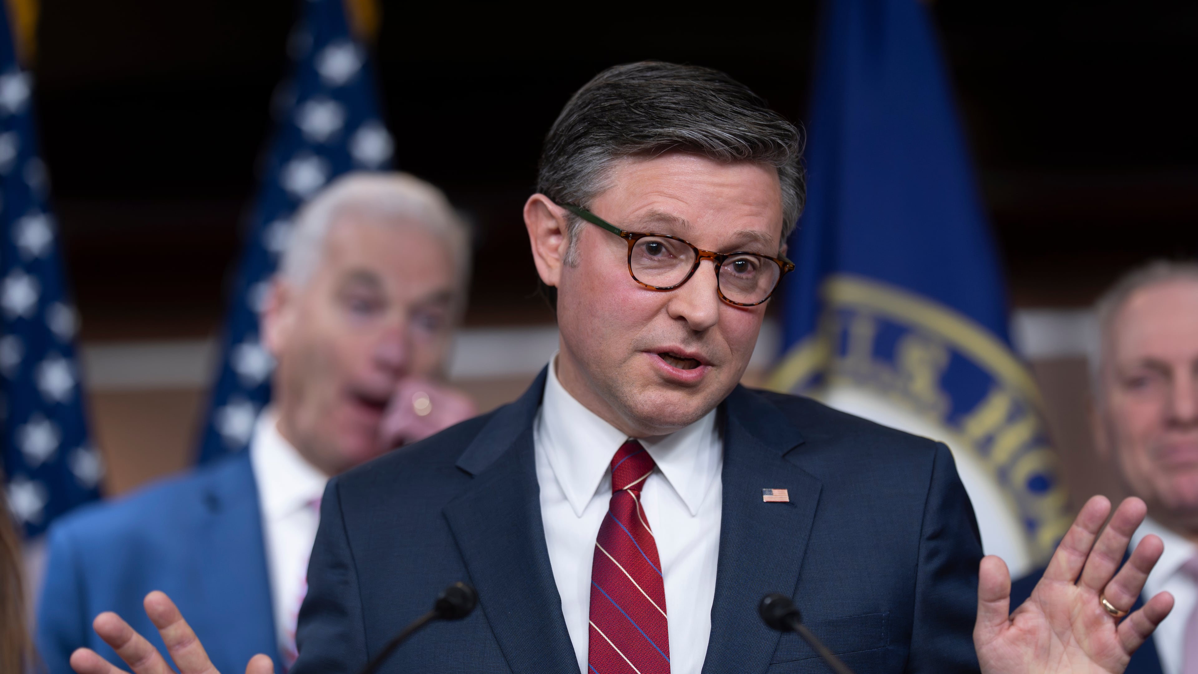 Speaker of the House Mike Johnson, R-La., gestures as he meets with reporters ahead of a key procedural vote to end the partial government shutdown, at the Capitol in Washington, Tuesday, Feb. 3, 2026. (AP Photo/J. Scott Applewhite)