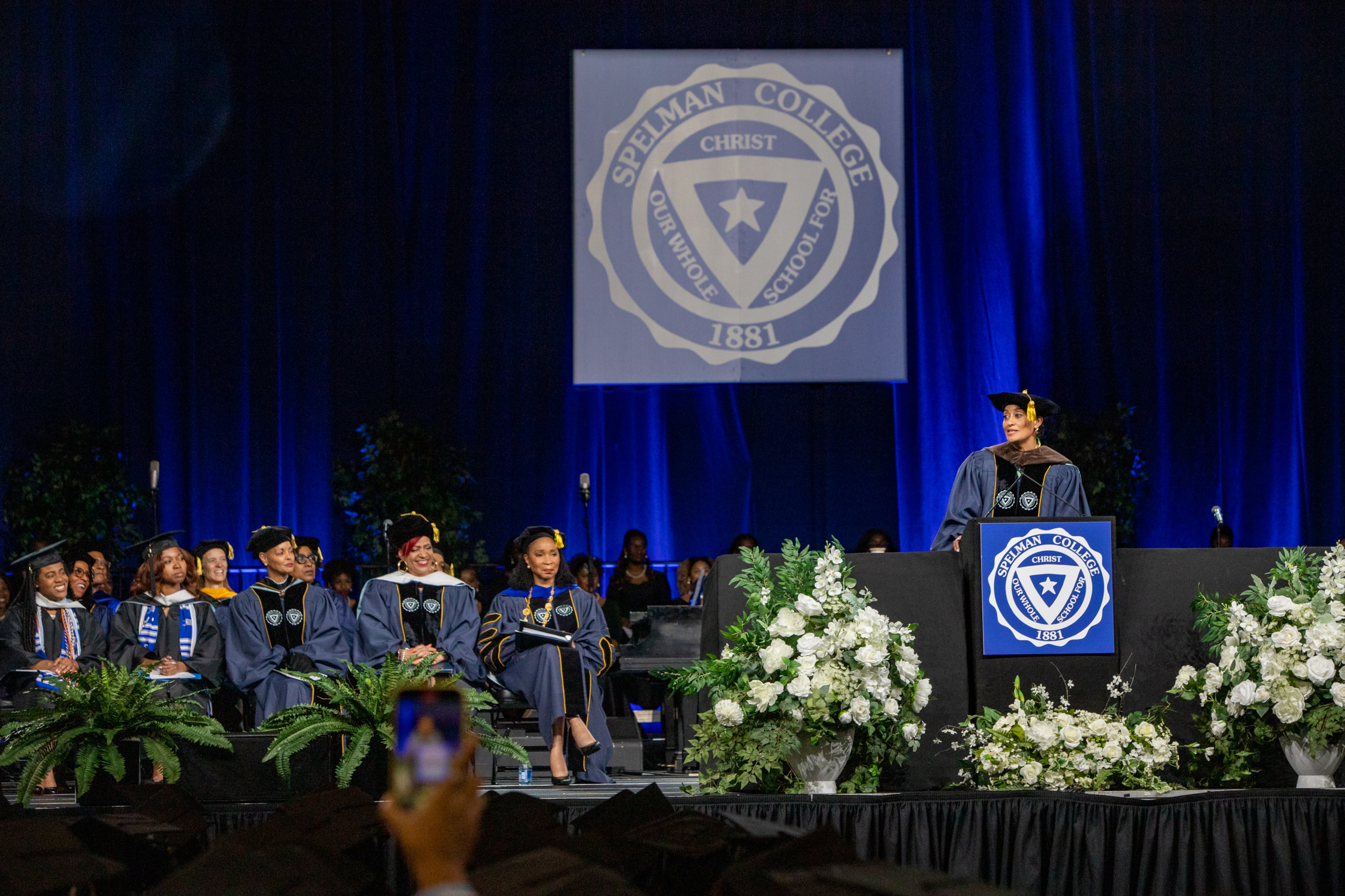 Spelman College holds commencement at the Georgia International Convention Center on Sunday, May 21, 2023 where Tracy Ellis Ross, the award-winning actress and producer, addresses graduates after receiving and honorary Doctor of Fine Arts. (Jenni Girtman for The Atlanta Journal-Constitution)