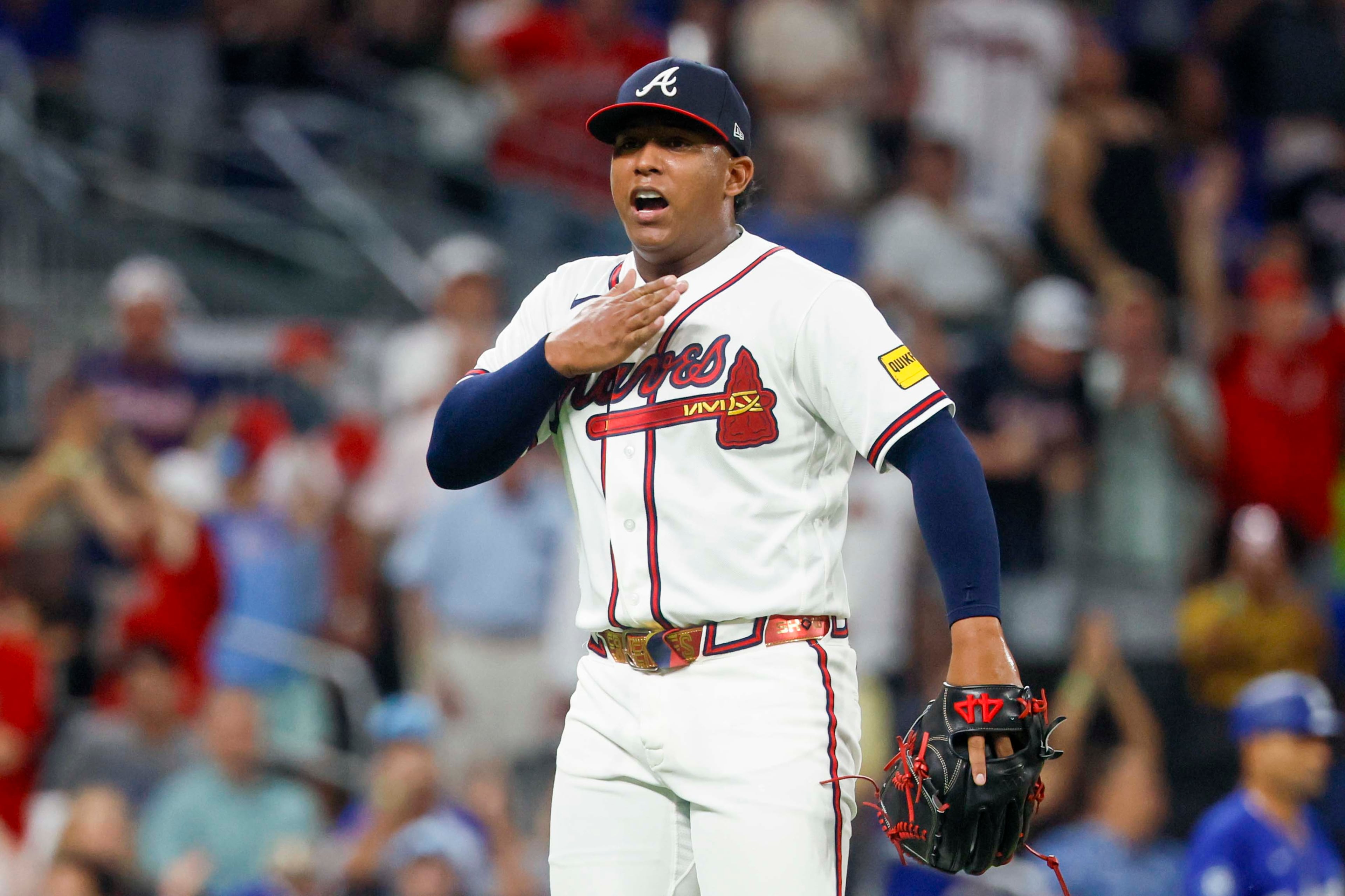 Braves pitcher Didier Fuentes celebrates after striking out Dodgers third baseman Max Muncy in the eighth inning on Wednesday, Aug. 26, 2026, at Truist Park in Atlanta. (Miguel Martinez/AJC)
