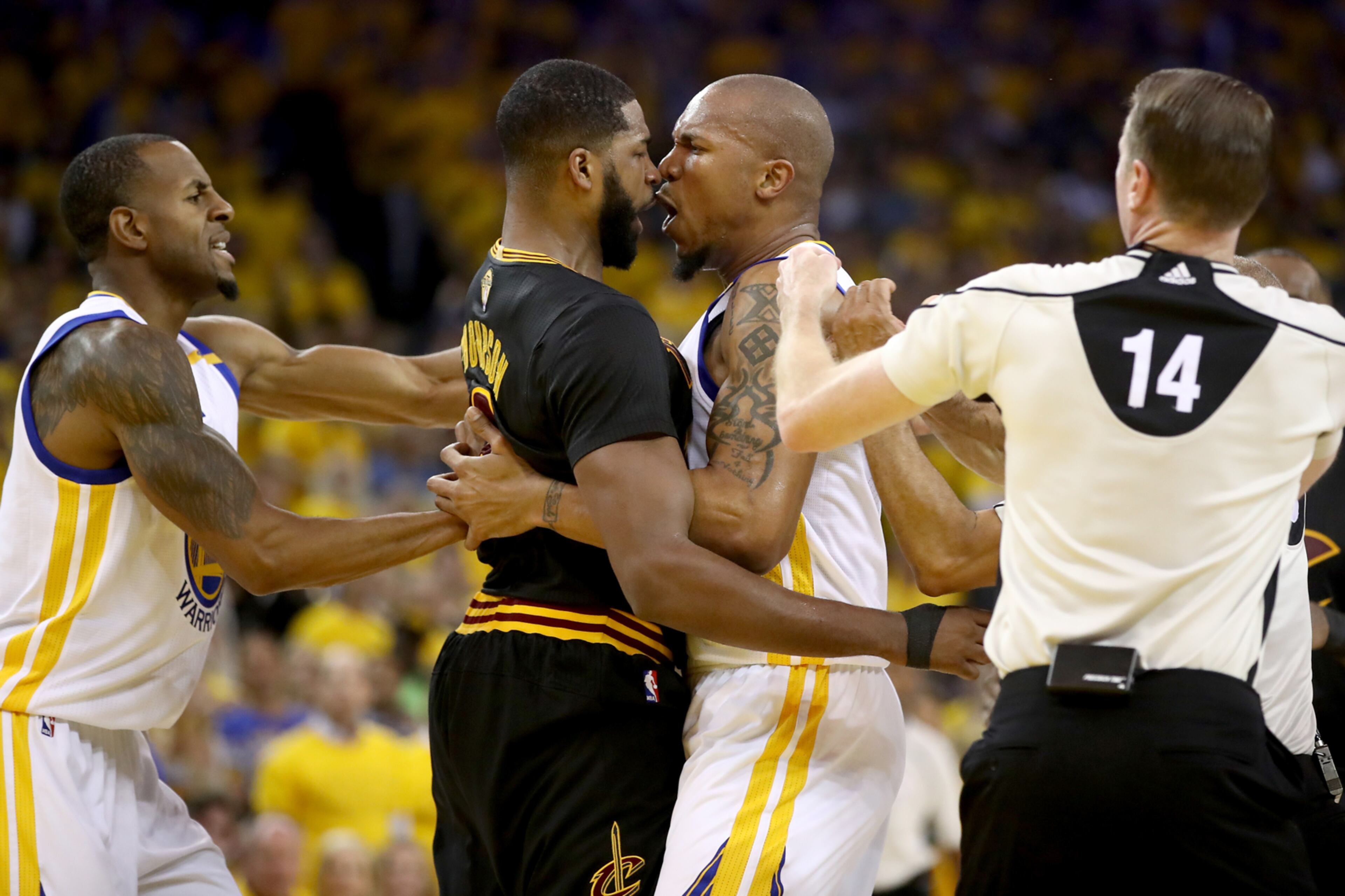 OAKLAND, CA - JUNE 12: David West #3 of the Golden State Warriors and Tristan Thompson #13 of the Cleveland Cavaliers get into an altercation after a play in Game 5 of the 2017 NBA Finals at ORACLE Arena on June 12, 2017 in Oakland, California. NOTE TO USER: User expressly acknowledges and agrees that, by downloading and or using this photograph, User is consenting to the terms and conditions of the Getty Images License Agreement. (Photo by Ezra Shaw/Getty Images)