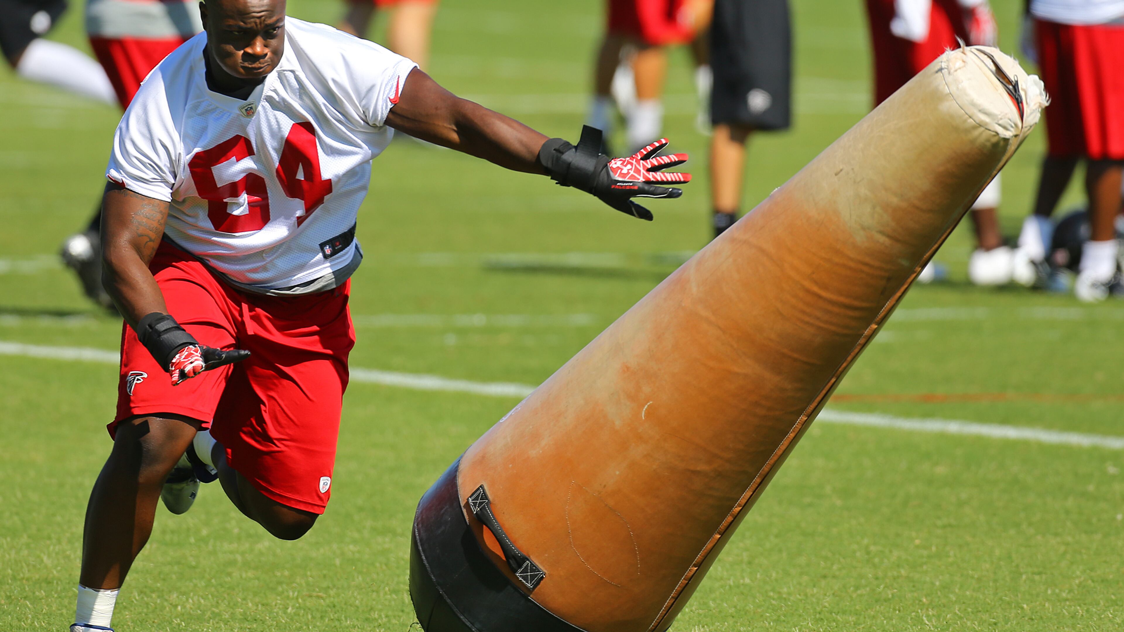 Falcons rookie Nosa Eguae got some of coach Bryan Cox's tough love. (CURTIS COMPTON / CCOMPTON@AJC.COM)