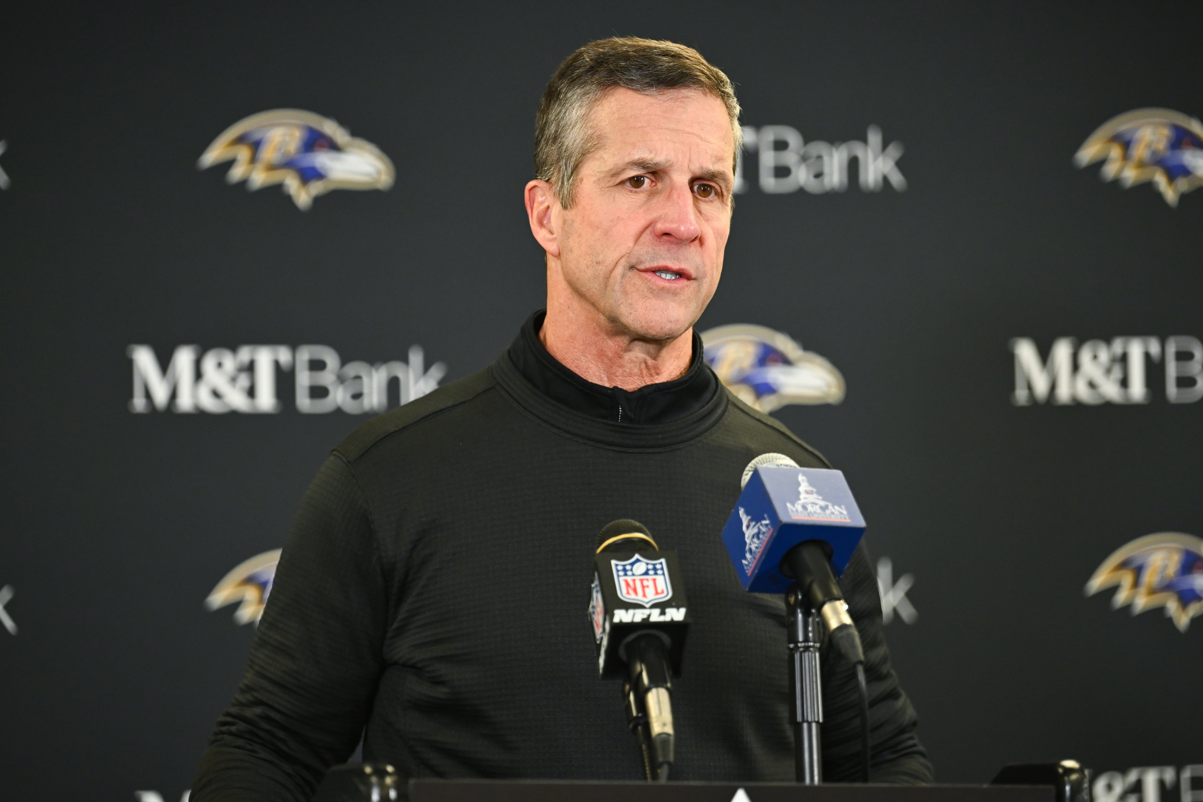 Baltimore Ravens head coach John Harbaugh speaks during a news conference after an NFL football game against the Pittsburgh Steelers, Sunday, Jan. 4, 2026, in Pittsburgh. The Falcons announced Monday that they interviewed Harbaugh for their vacant head coach position. (Justin Berl/AP)