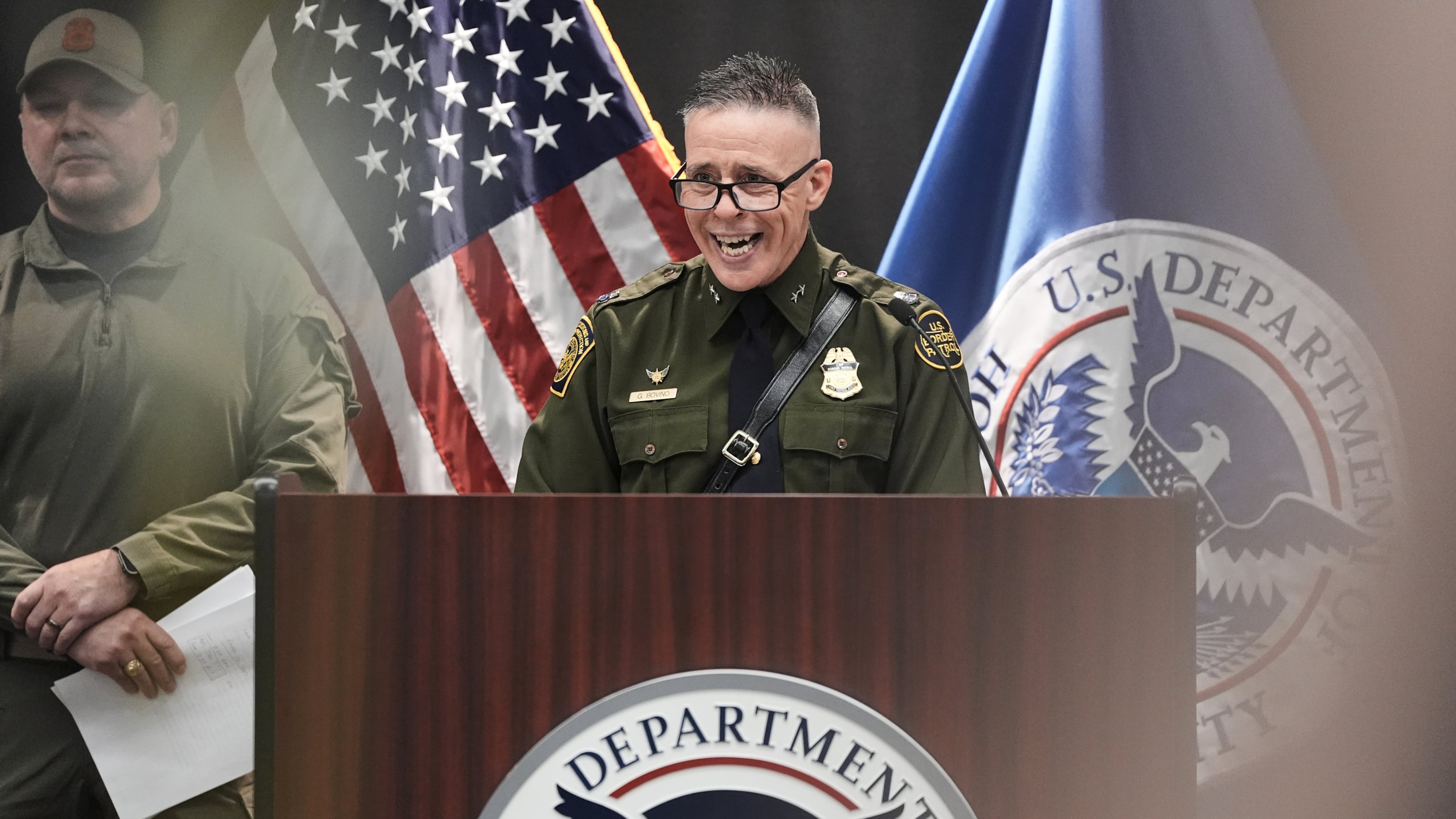 U.S. Border Patrol Cmdr. Gregory Bovino speaks during a news conference Tuesday, Jan. 20, 2026, in Minneapolis. (AP Photo/Angelina Katsanis)