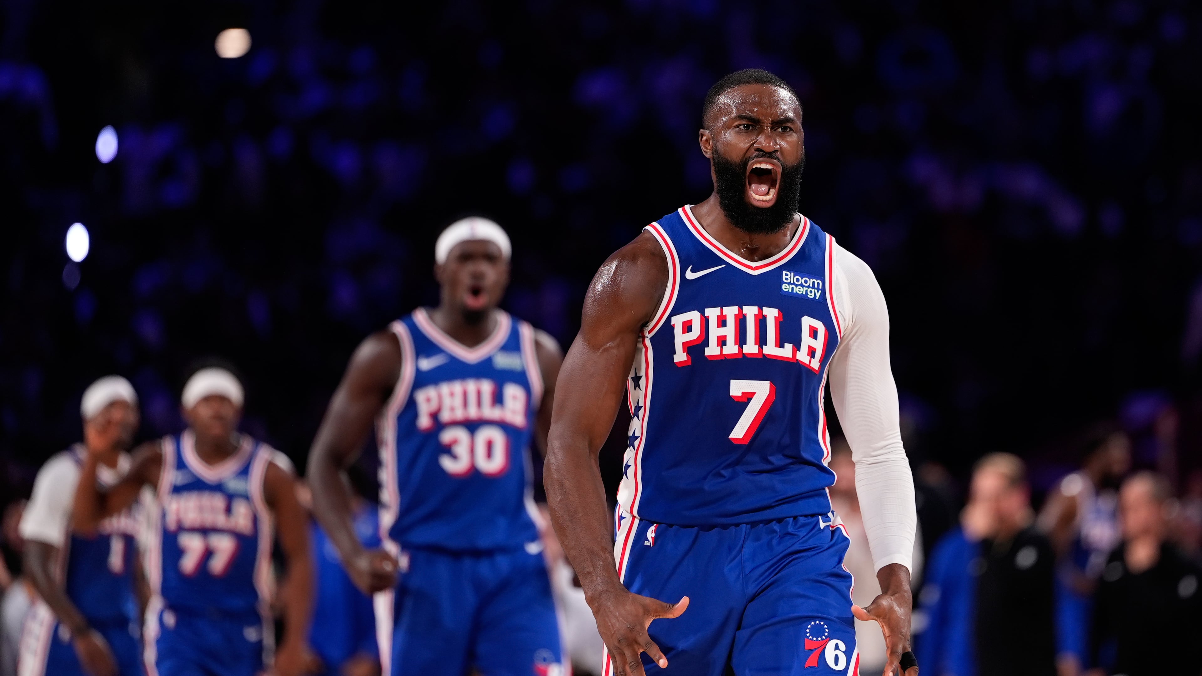 Philadelphia 76ers' Jaylen Brown celebrates after scoring during the second half of an NBA basketball game against the Cleveland Cavaliers Thursday, Oct. 22, 2026, in Philadelphia. (AP Photo/Matt Slocum)