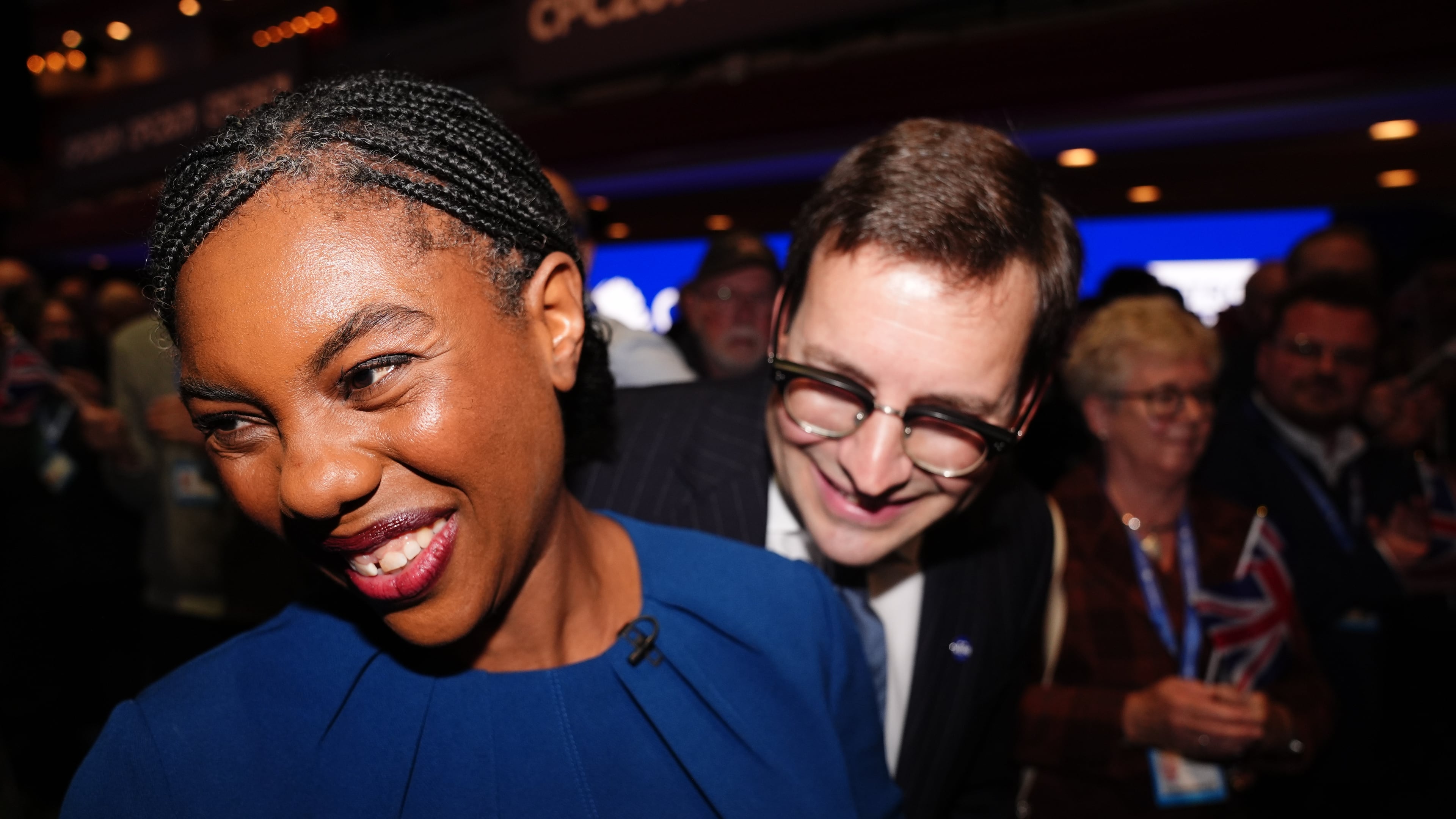 Conservative Party leader Kemi Badenoch with her husband, Hamish Badenoch, leave the stage after delivering her keynote speech during the Conservative Party conference at the International Convention Centre, Birmingham, England, Wednesday, Oct. 7, 2026. (Jacob King/Pool Photo via AP)