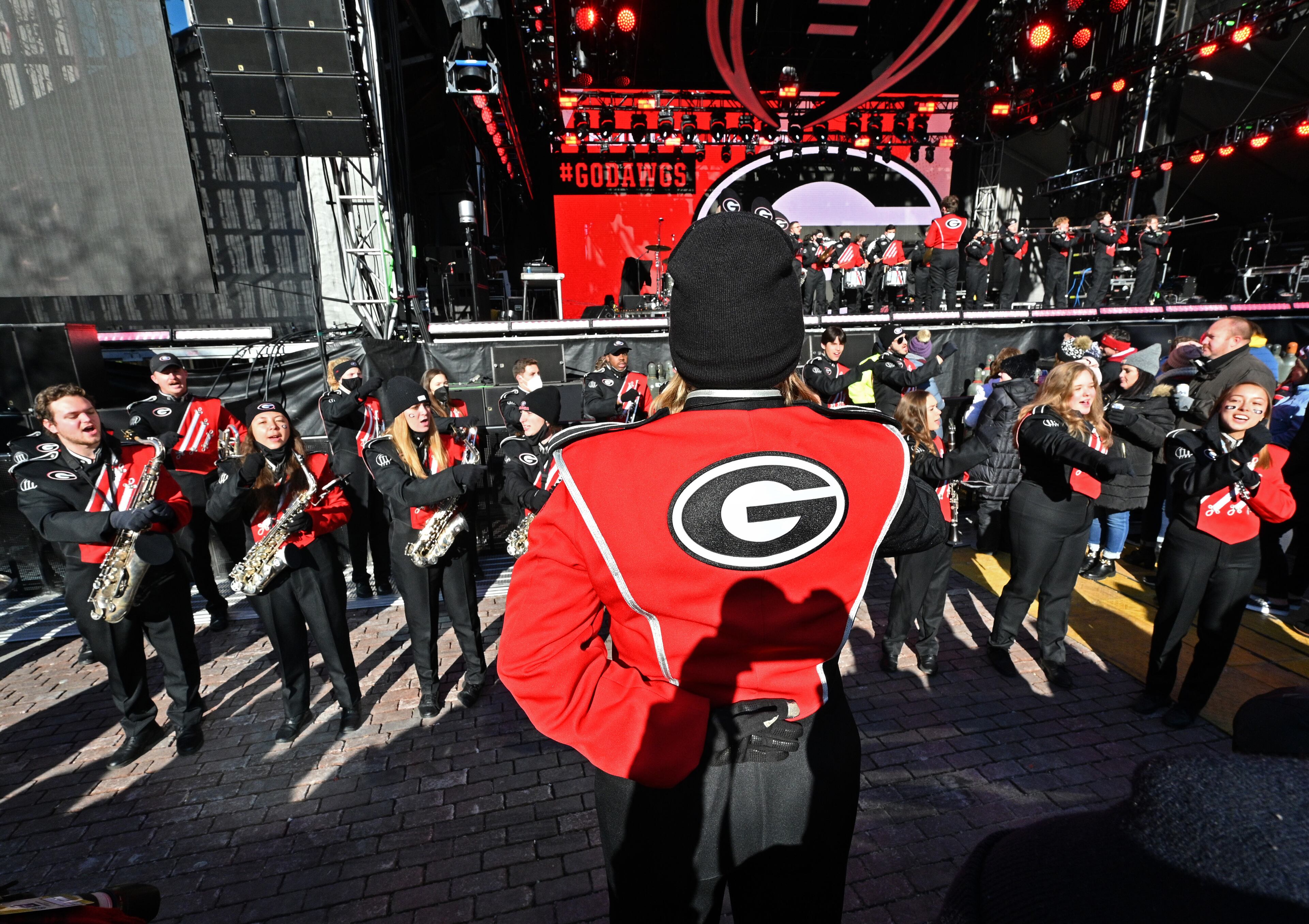 Georgia Redcoat Marching Band performs during Allstate Championship Tailgate event at Monument Circle prior to the 2022 College Football Playoff National Championship Game at Lucas Oil Stadium in Indianapolis on Monday, January 10, 2022. (Hyosub Shin / Hyosub.Shin@ajc.com)