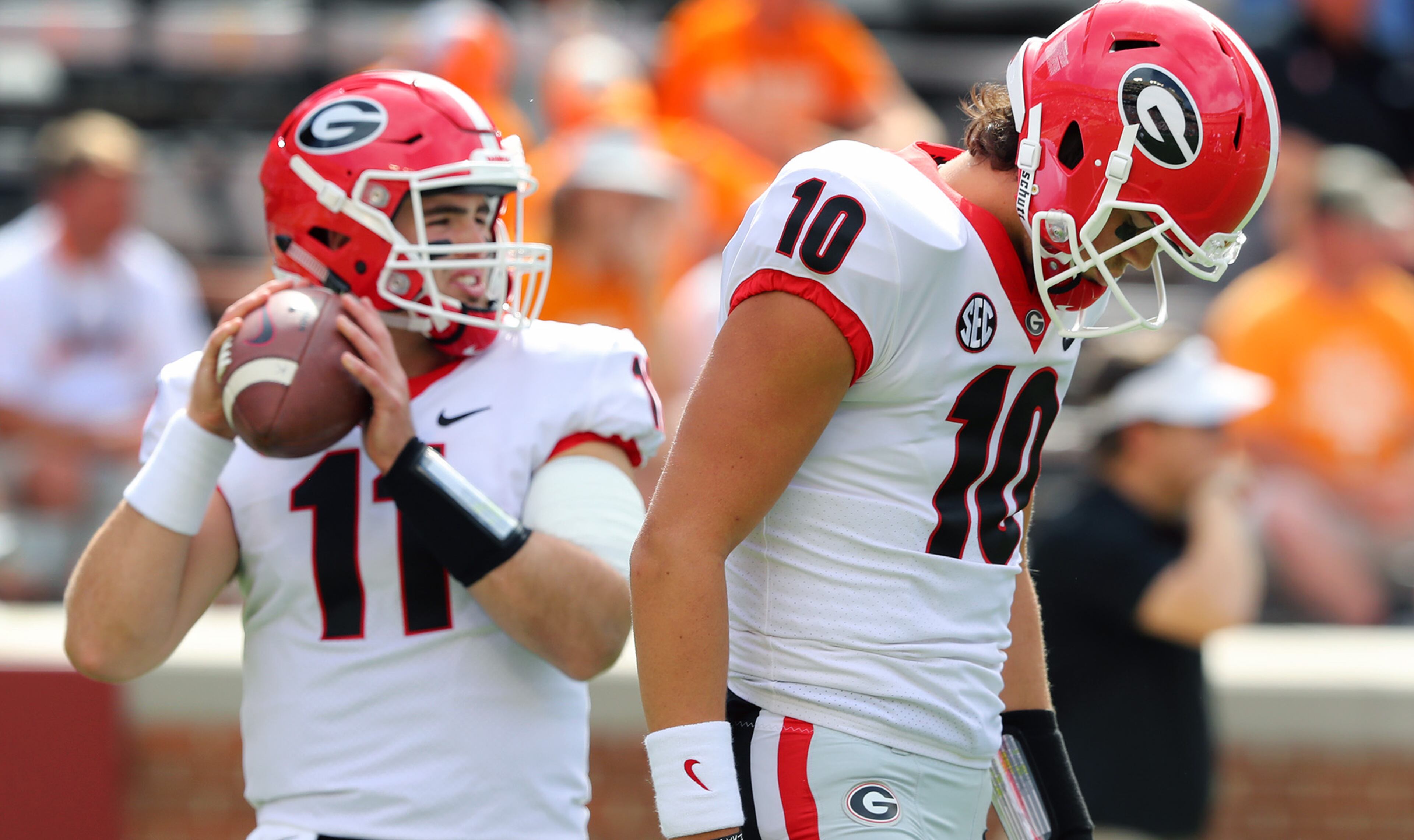 Georgia quarterbacks Jacob Eason and Jake Fromm prepare to play Tennessee in a NCAA college football game on Saturday, Sept. 30, 2017, in Knoxville. (Curtis Compton/AJC)