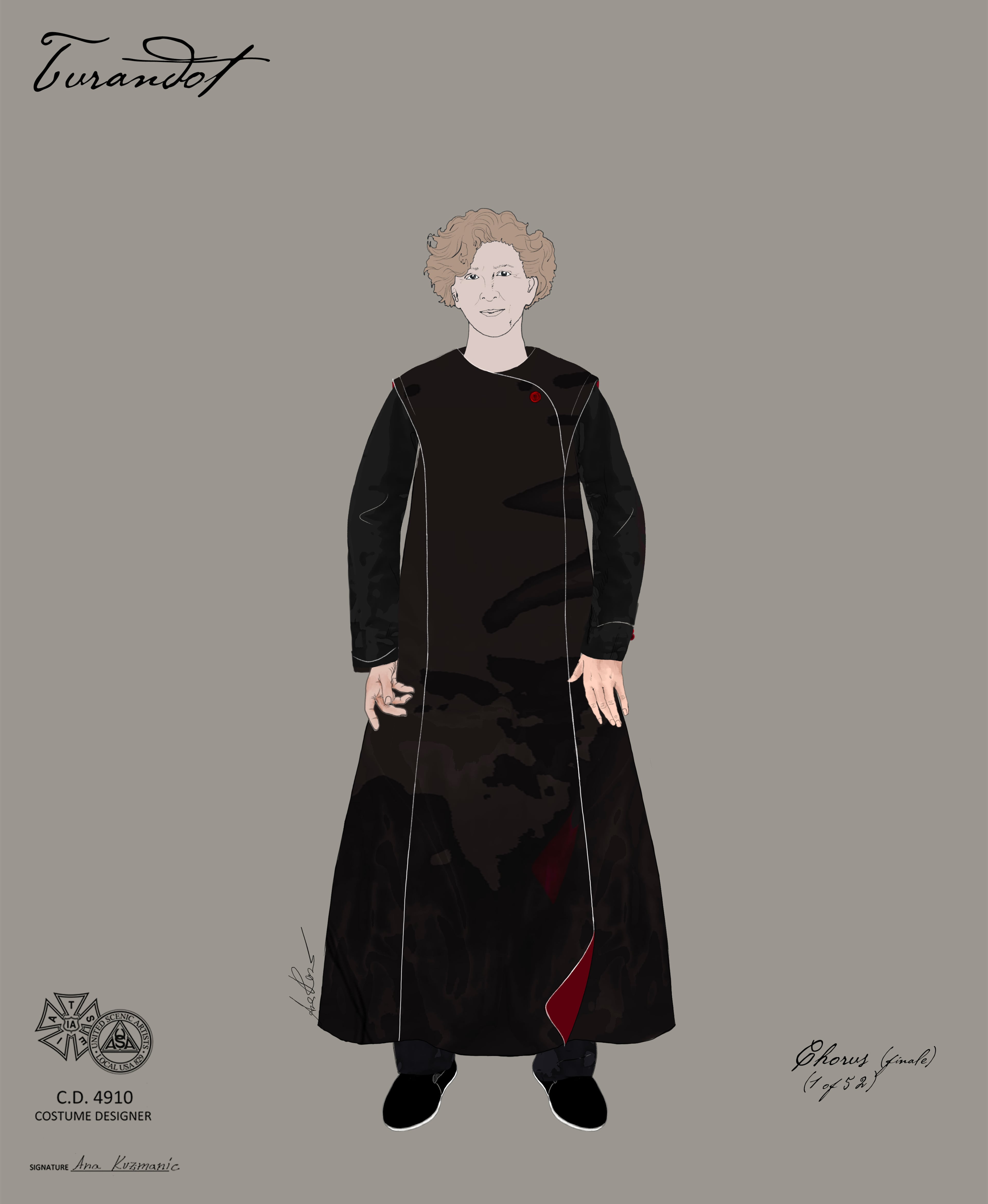 A rendering shows the chorus’ costumes for the Atlanta Opera’s performance of “Turandot,” by costume designer Ana Kuzmanić. The costume is meant to reflect the pawns in a game of chess. (Courtesy of Ana Kuzmanić)