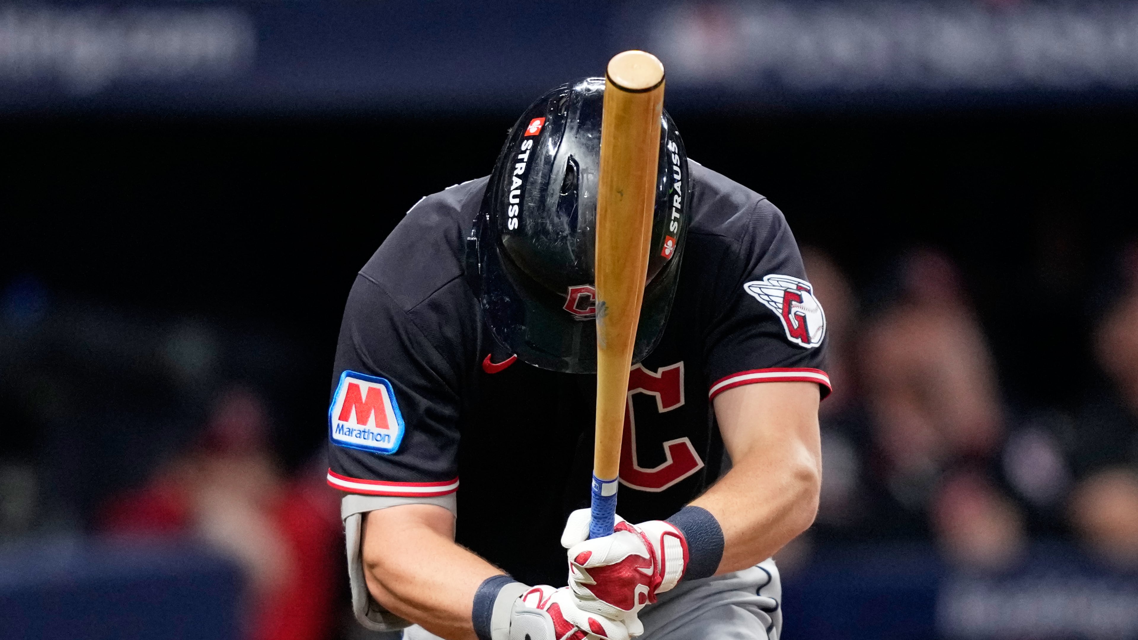 Cleveland Guardians' Travis Bazzana reacts after flying out Tampa Bay Rays during the second inning in Game 6 of an American League Championship Series baseball game in St. Petersburg, Fla. Monday, Oct. 19, 2026. (AP Photo/David J. Phillip)
