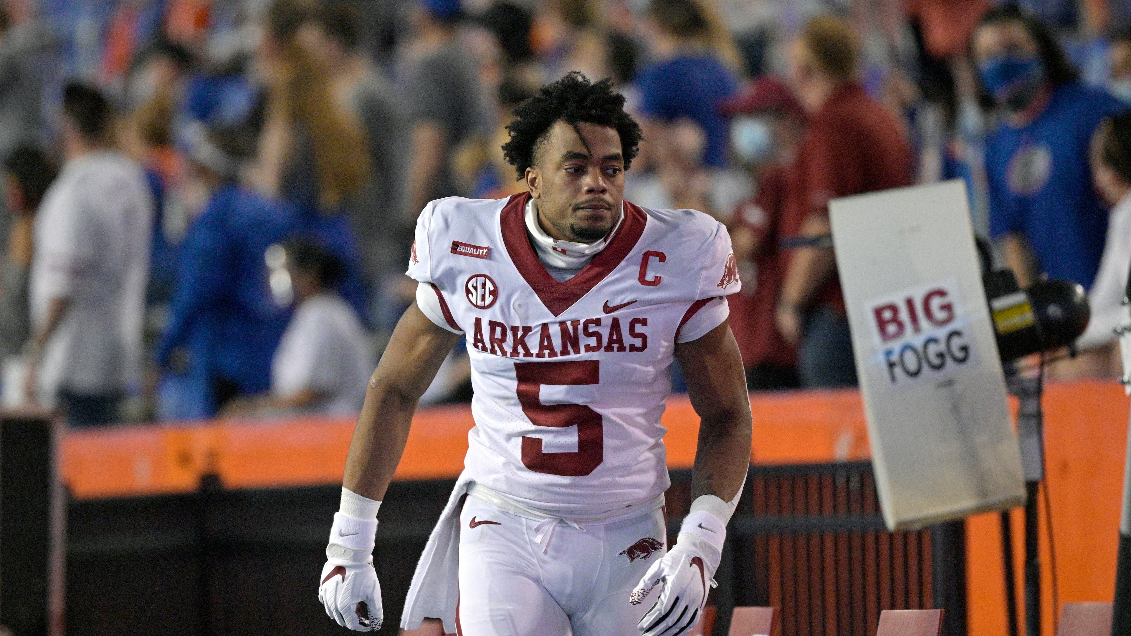 Arkansas running back Rakeem Boyd (5) walks along the sideline during the first half of an NCAA college football game against Florida, Saturday, Nov. 14, 2020, in Gainesville, Fla. (AP Photo/Phelan M. Ebenhack)