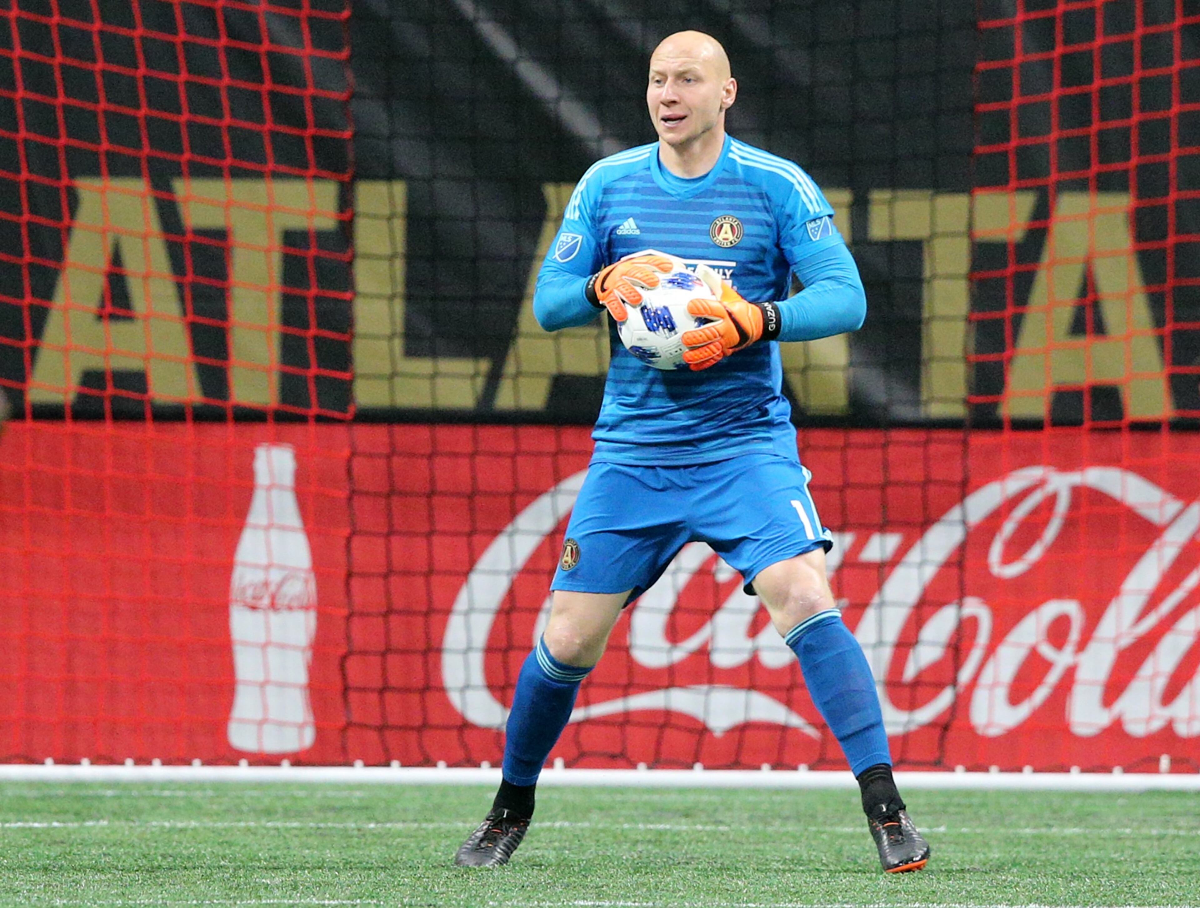 May 9, 2018 Atlanta: Atlanta United goalkeeper Brad Guzan after blocking a shot on goal by Sporting Kansas City during the first half in a MLS soccer match on Wednesday, May 9, 2018, in Atlanta. Guzan was red carded and ejected later in the game. Curtis Compton/ccompton@ajc.com