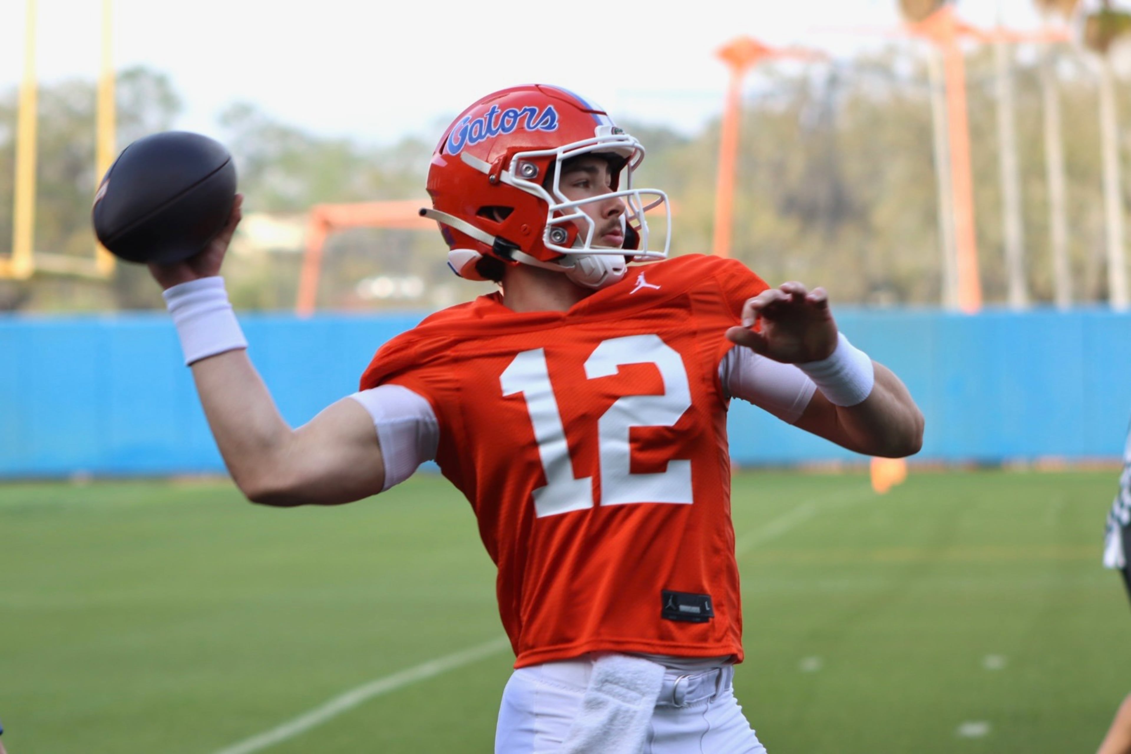University of Florida QB Aaron Philo throwing a pass during fall camp practice. (Photo by Zach Goodall/247 Sports)