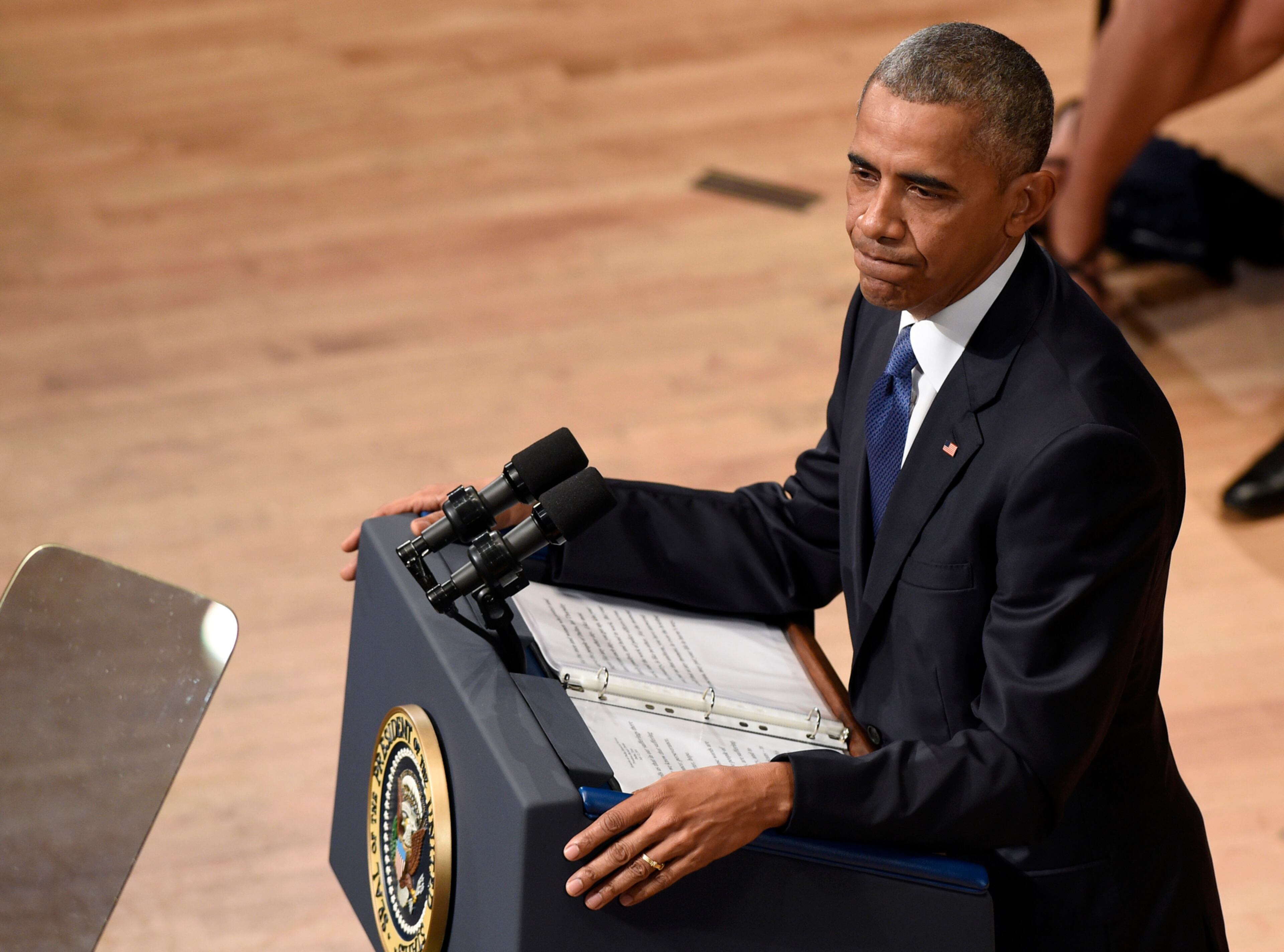 President Barack Obama speaks an interfaith memorial service for the fallen police officers and members of the Dallas community, Tuesday, July 12, 2016, at the Morton H. Meyerson Symphony Center in Dallas. (AP Photo/Susan Walsh)