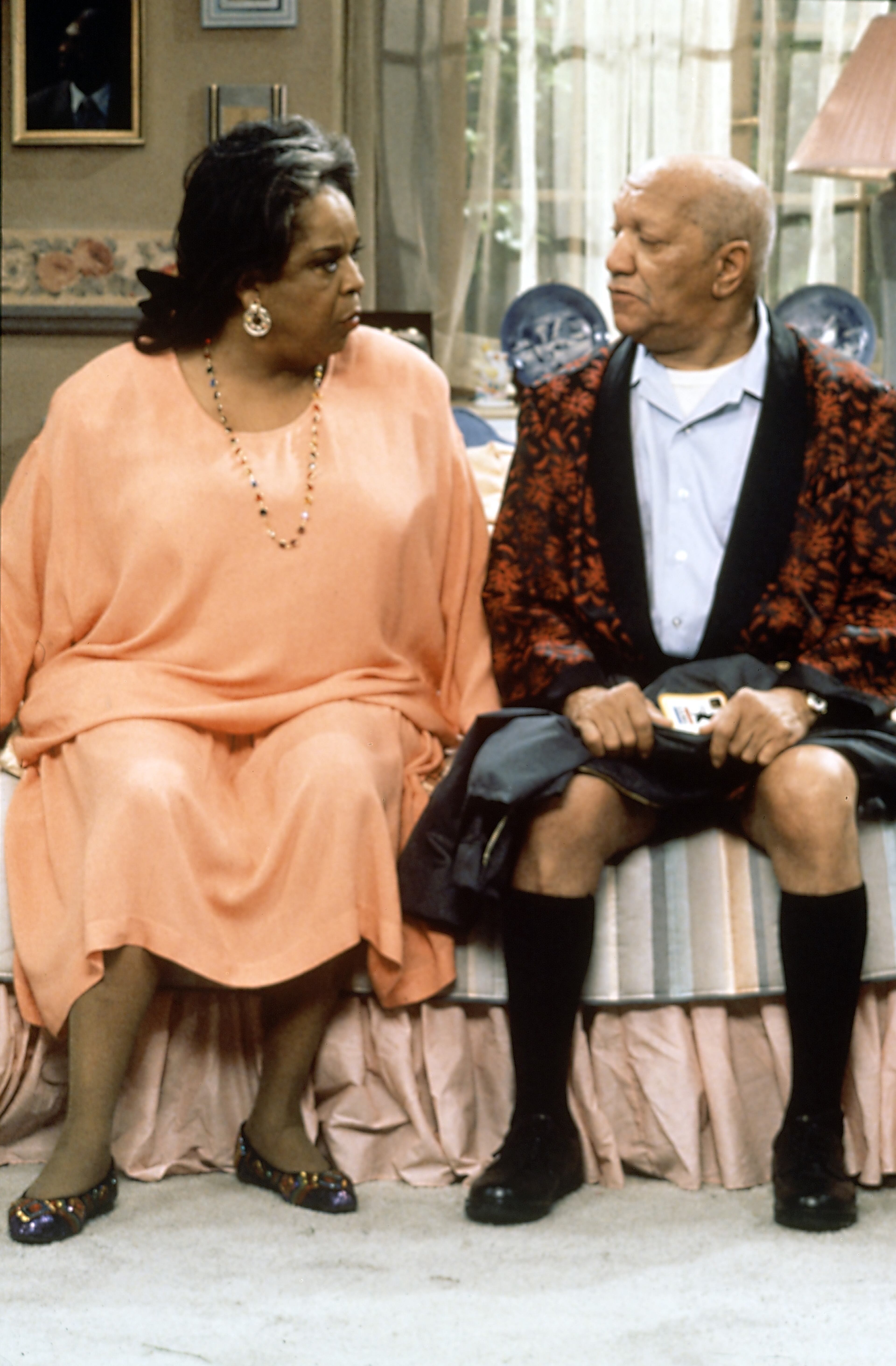 Redd Foxx (shown with co-star Della Reese) suffered a heart attack in 1991 on the set of the "The Royal Family."