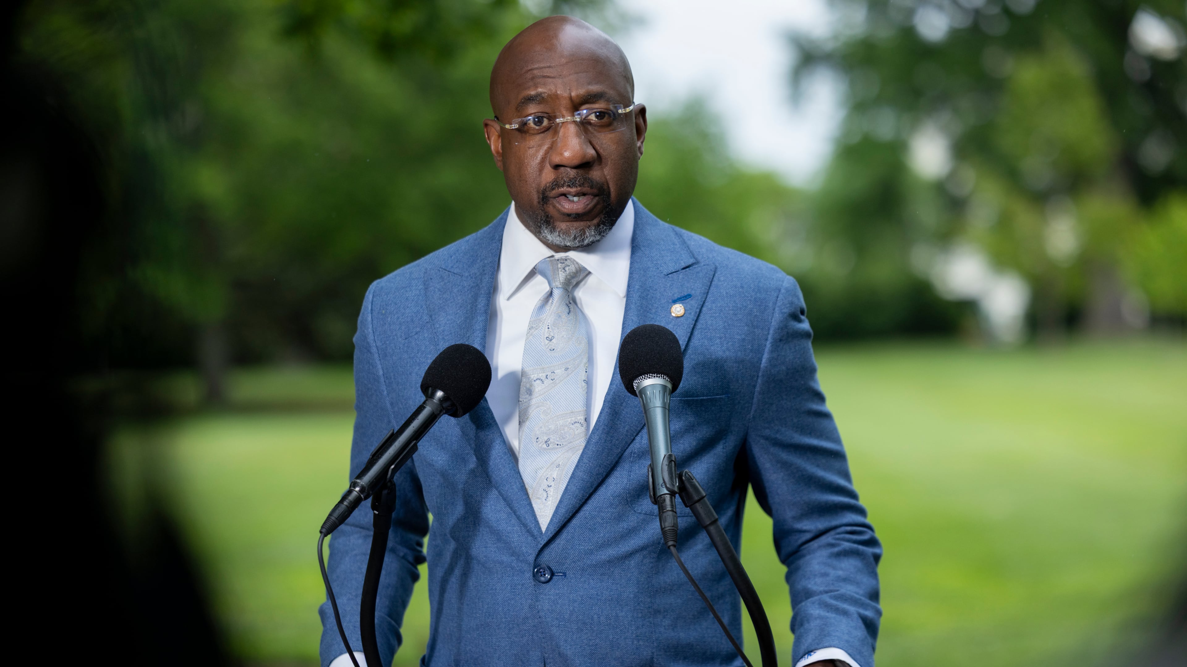 U.S. Sen. Raphael Warnock, D-Ga. (lives in Atlanta), speaks at a press conference on the Voting Rights Act, across the street from the Supreme Court, in Washington, D.C., on April 29, 2026. (Nathan Posner for the AJC)