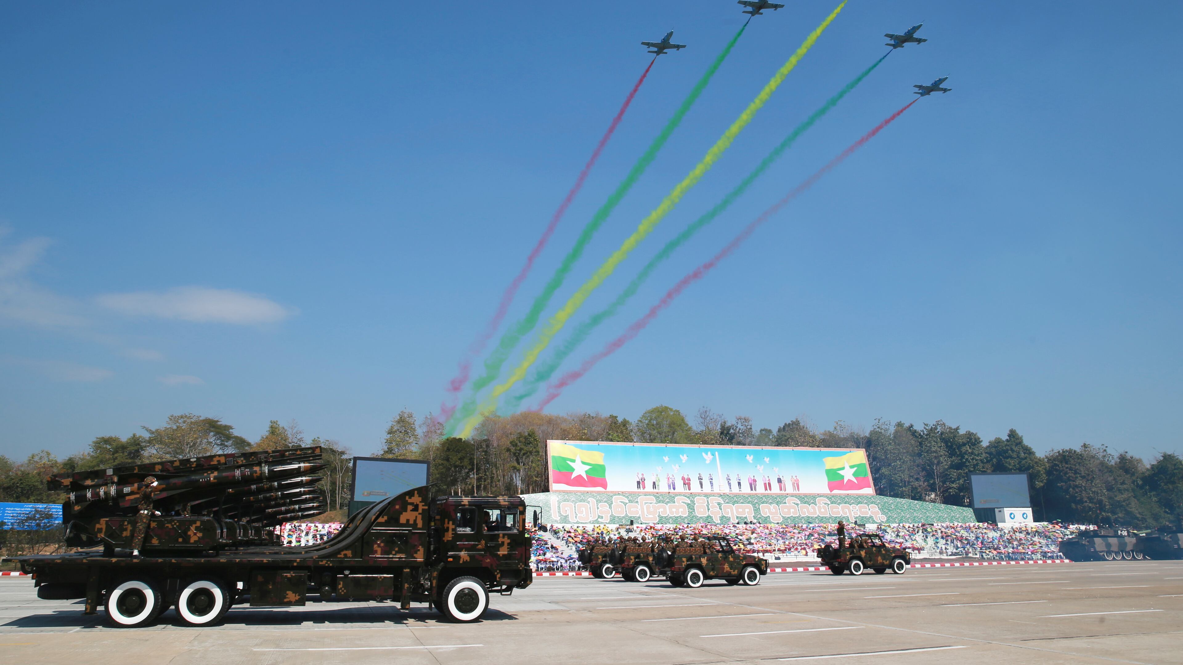 FILE Myanmar's military tanks are driven while military fighter planes fly over during a ceremony marking Myanmar's 75th anniversary of Independence Day in Naypyitaw, Myanmar, on Jan. 4, 2023. (AP Photo/Aung Shine Oo, File)