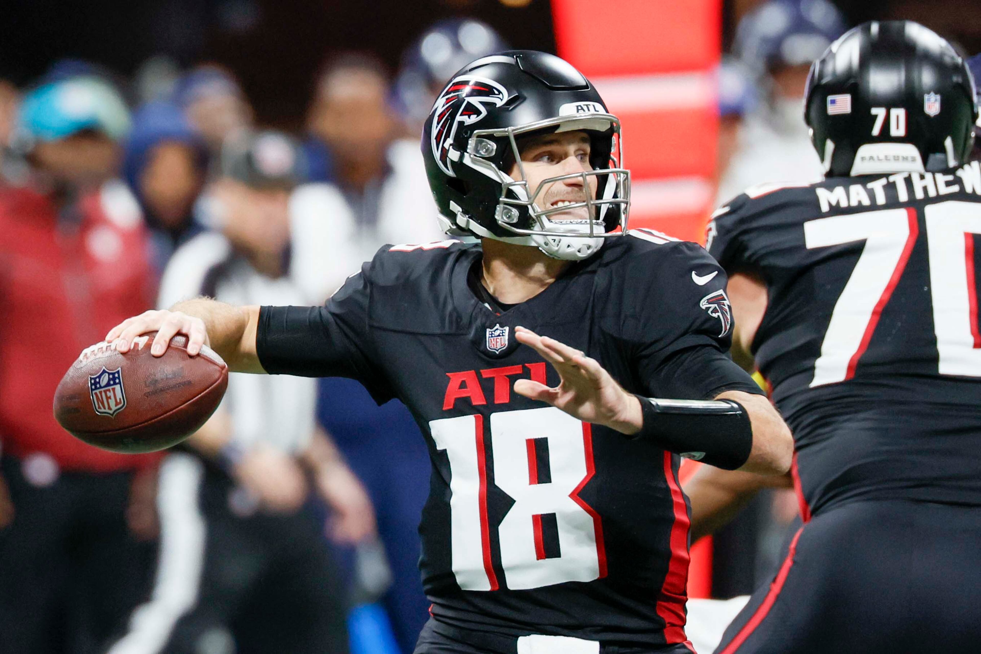 Atlanta Falcons quarterback Kirk Cousins (18) attempts a pass that was later intercepted during the second half of an NFL game against the Seattle Seahawks at Mercedes-Benz Stadium in Atlanta on Sunday, Dec. 7, 2025.
(Miguel Martinez/ AJC)