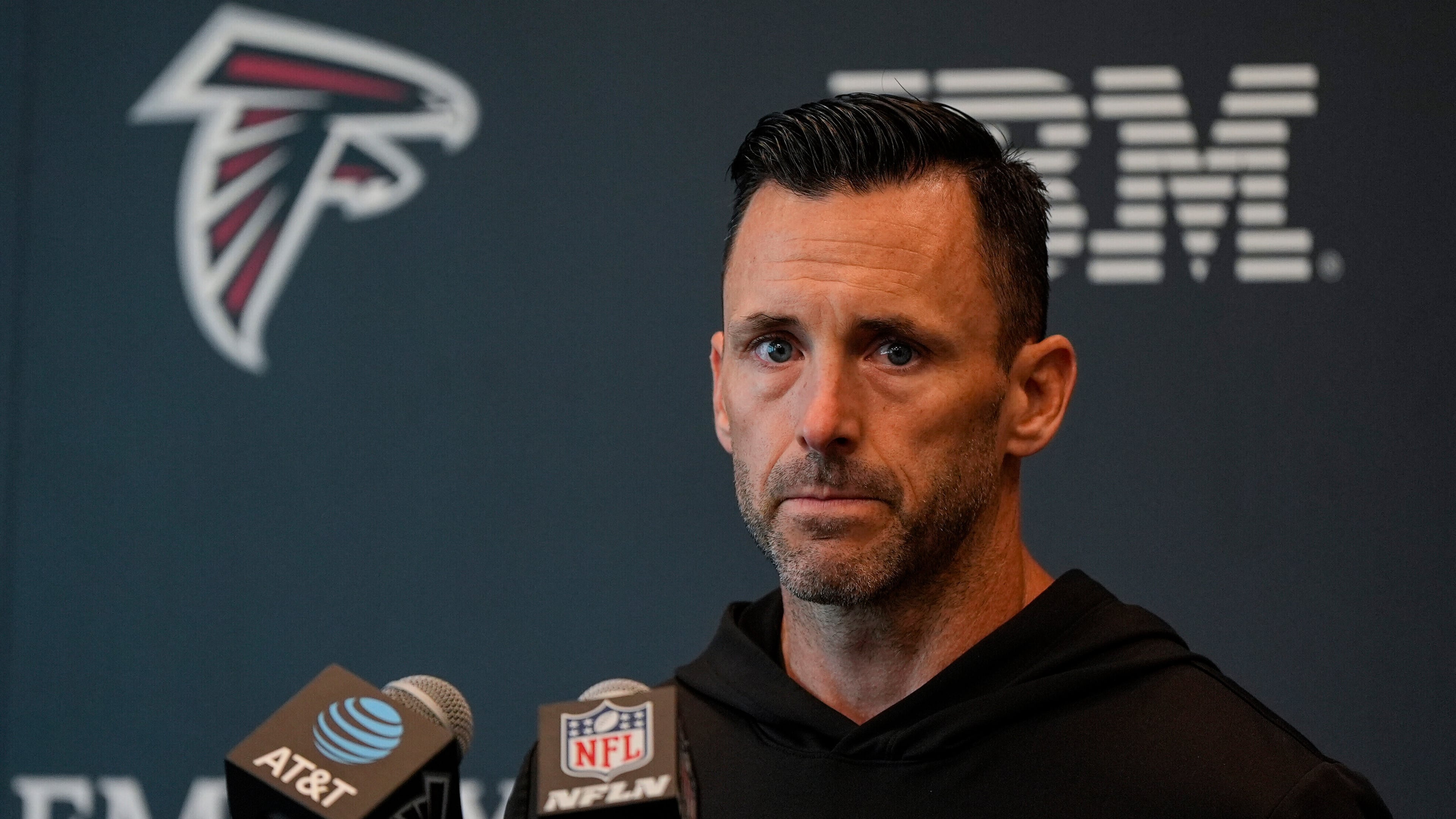 FILE - Assistant General Manager Kyle Smith speaks during an Atlanta Falcons training camp, Saturday, July 26, 2025, in Flowery Branch. (AP Photo/Mike Stewart,File)