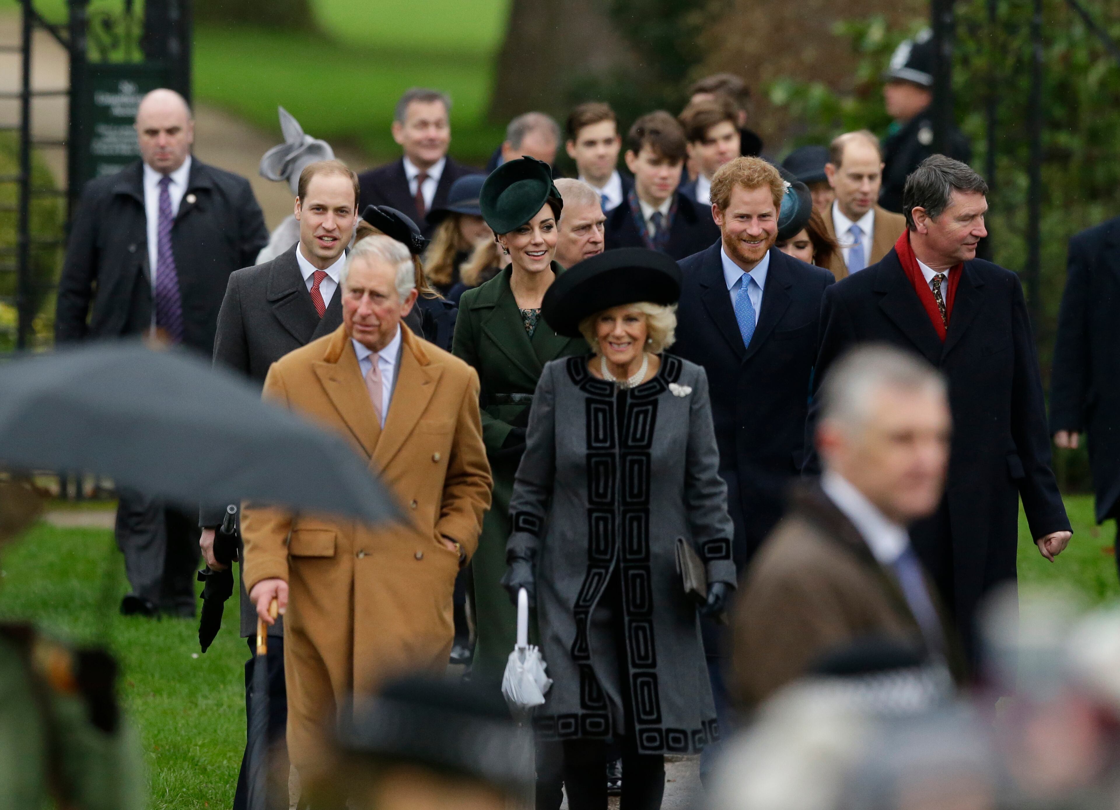 Members of the British royal family to attend the traditional Christmas Day church service, at St. Mary Magdalene Church in Sandringham, England, Friday, Dec. 25, 2015. (AP Photo/Matt Dunham)