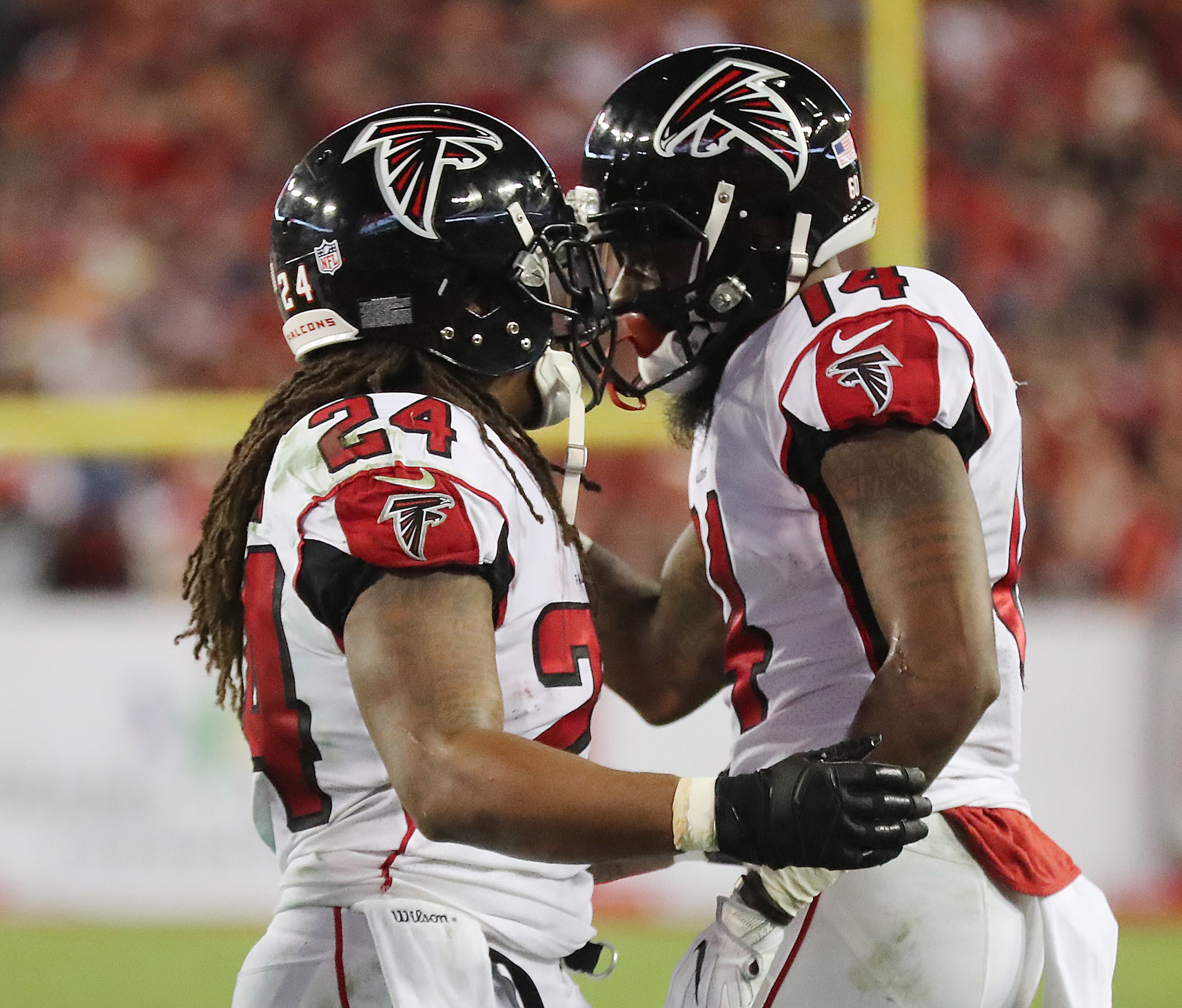 December 18, 2017 Tampa: Falcons Justin Hardy celebrates his touchdown catch with Devonta Freeman for a 7-0 lead over the Buccaneers during the first quarter in a NFL football game on Monday, December 18, 2017, in Tampa. Curtis Compton/ccompton@ajc.com