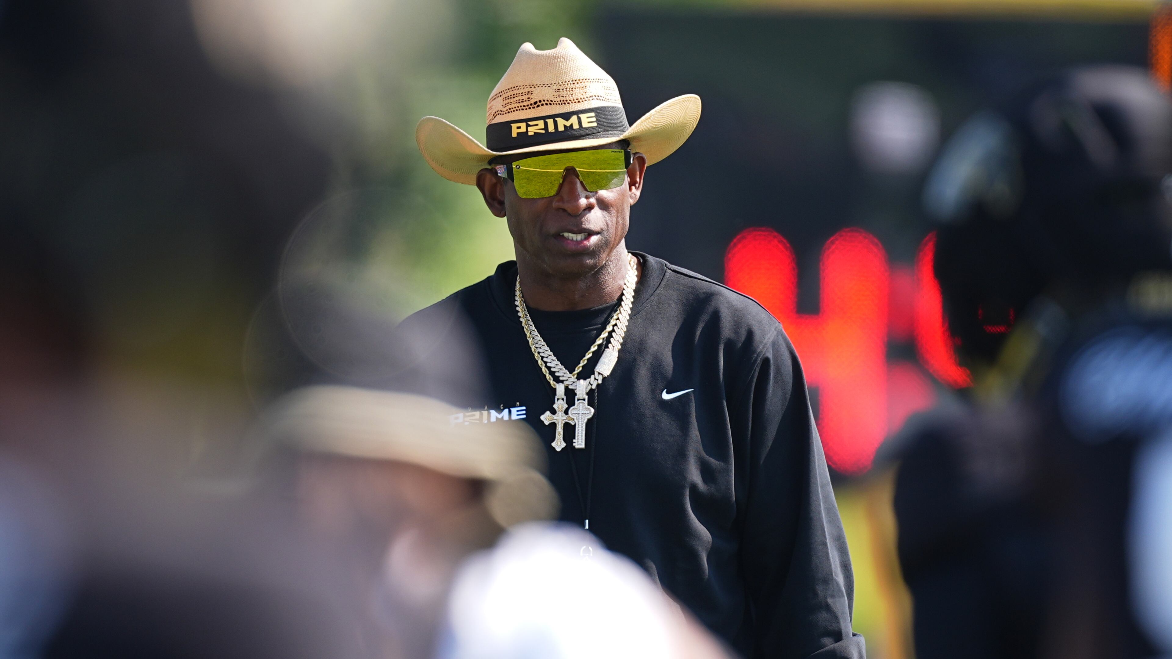 Colorado head coach Deion Sanders looks on during a practice at an NCAA college football training camp in Fountain, Colo., Thursday, Aug. 6, 2026. (AP Photo/David Zalubowski)