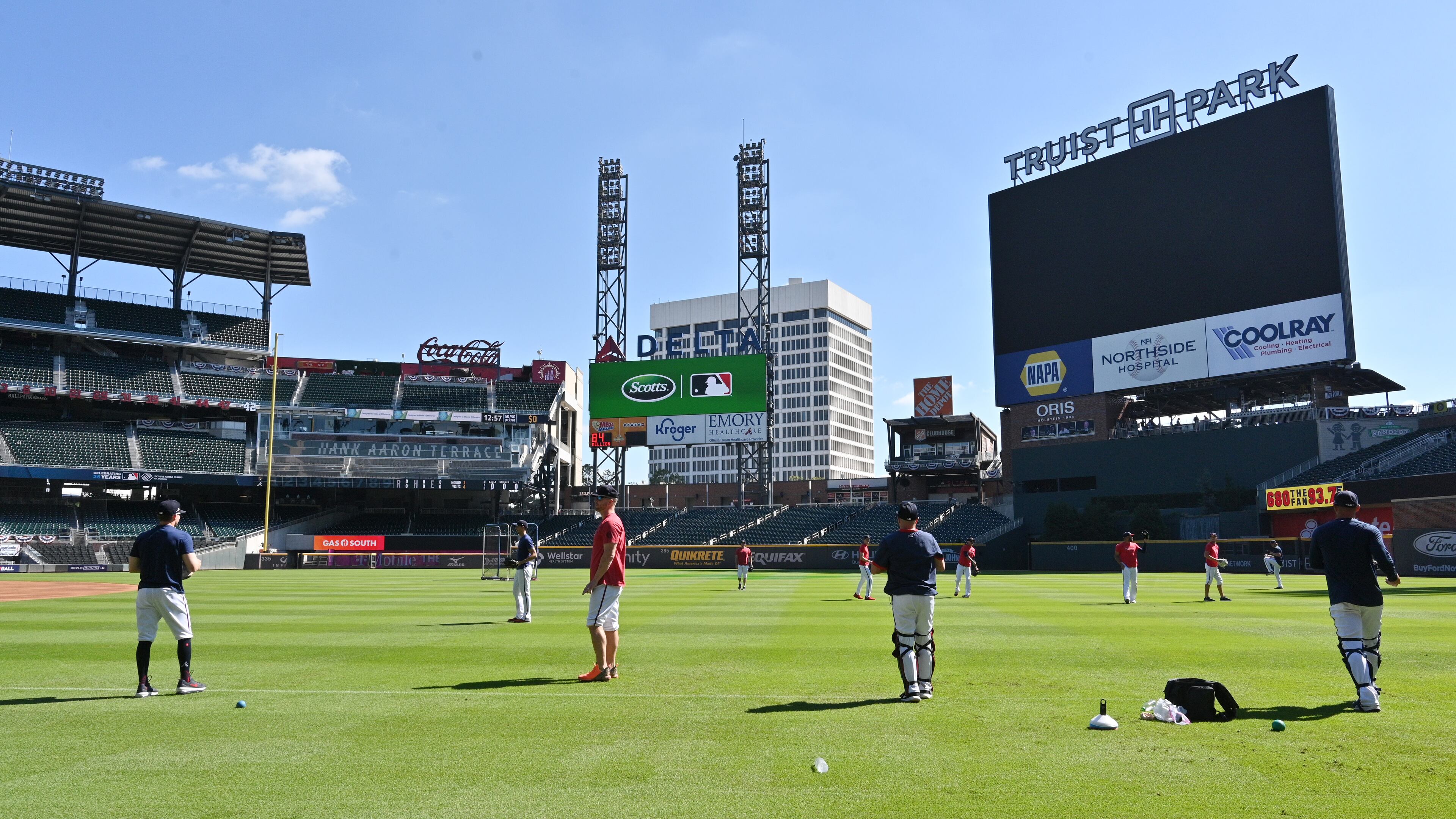 Braves work out at Truist Park on Friday, the day before the start of the National League Championship Series against the Dodgers. (Hyosub Shin / Hyosub.Shin@ajc.com)