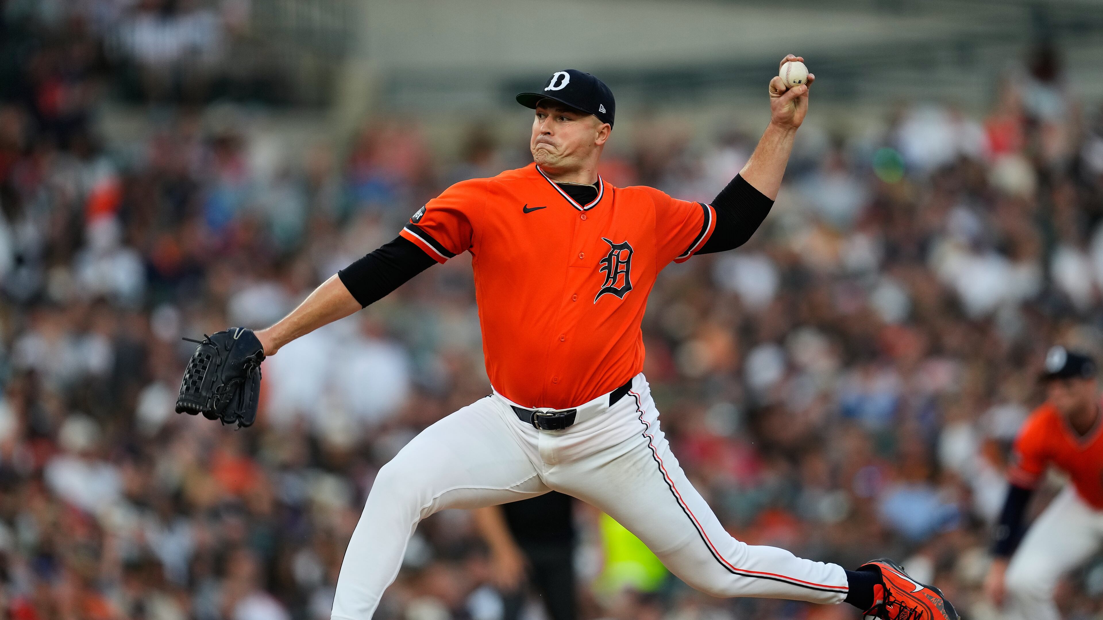 Detroit Tigers pitcher Tarik Skubal throws against the Kansas City Royals during the seventh inning of a baseball game Friday, July 24, 2026, in Detroit. (AP Photo/Paul Sancya)