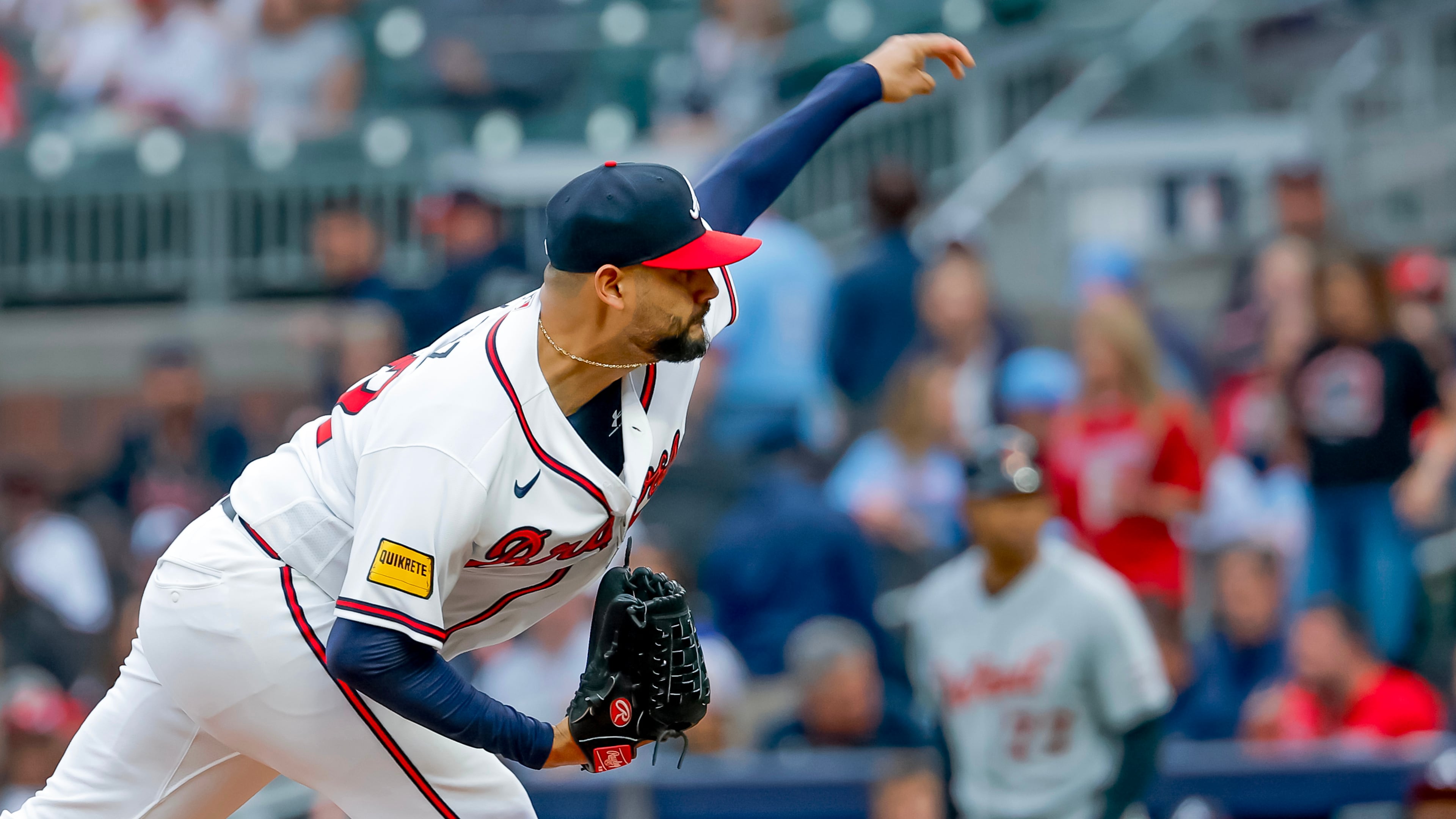 Atlanta Braves pitcher Martin Perez delivers to a Detroit Tigers batter during the first inning of a baseball game against the Detroit Tigers, Tuesday, April 28, 2026, in Atlanta. (Erik S. Lesser/AP)