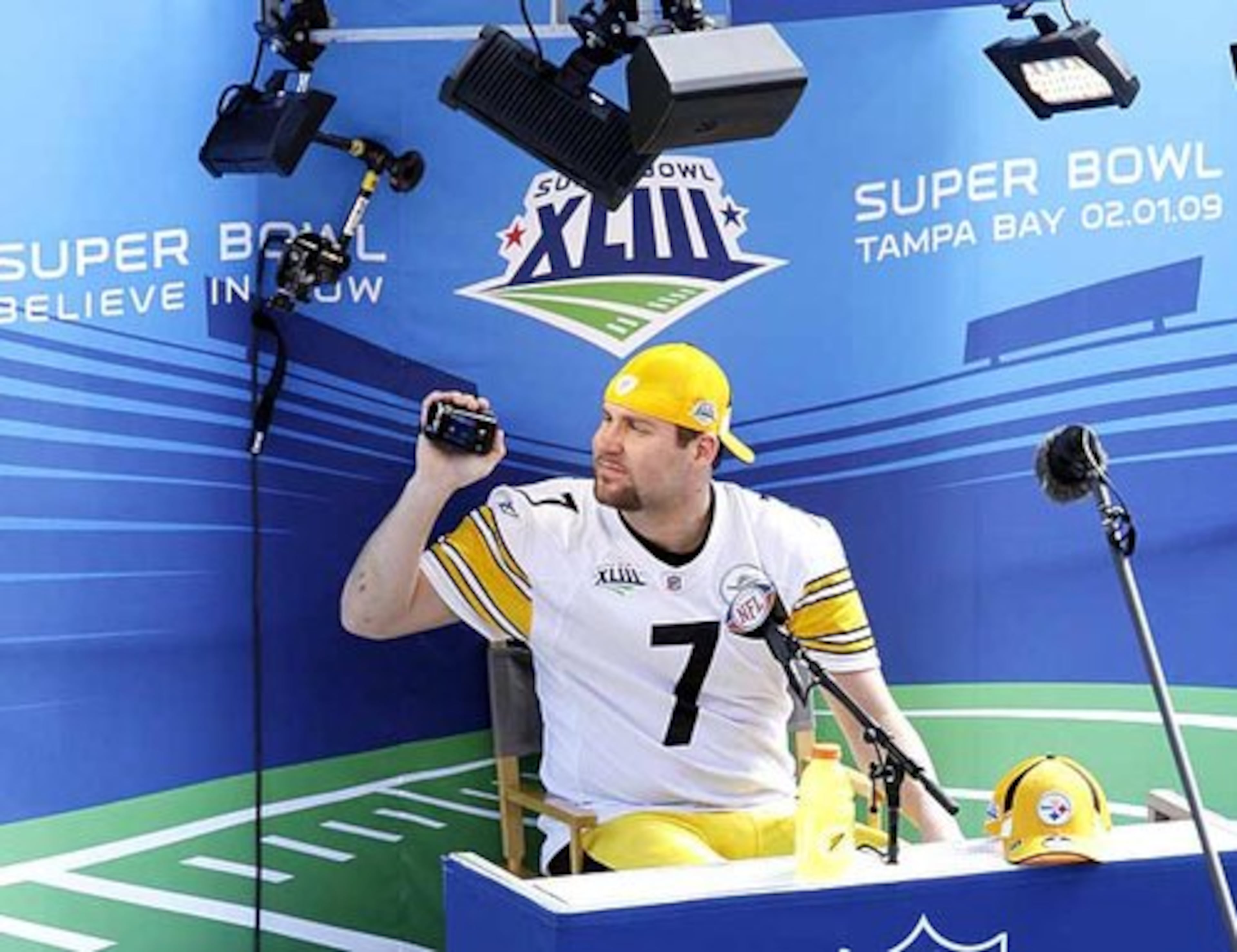 Steelers QB Ben Roethlisberger videotapes the surroundings at Raymond James Stadium while awaiting interviews.