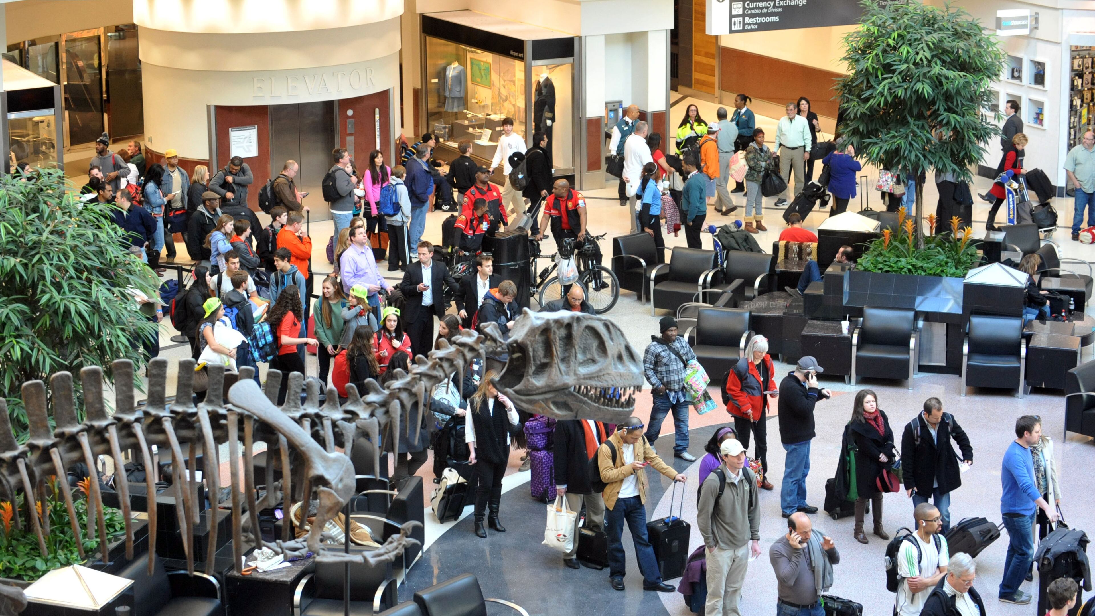 Travelers wait to go through the main security checkpoint at Hartsfield Jackson International Airport Thursday afternoon. At 3:45 p.m., wait times were listed as 1 hour, as the line snaked through the atrium and out into the baggage claim area.