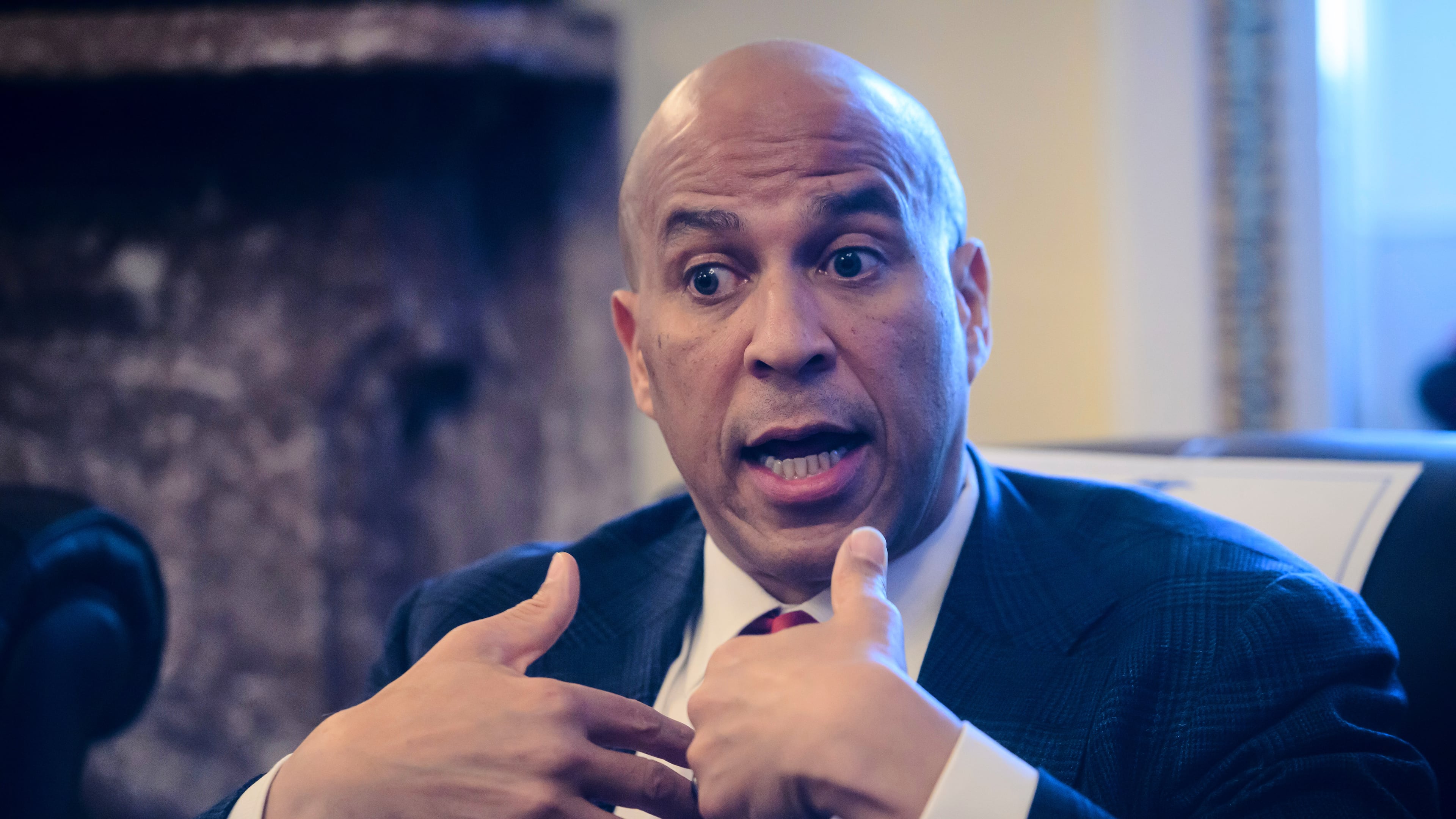 Sen. Cory Booker, D-N.J., speaks during a press briefing on the Iran war powers resolution at the Capitol, Monday, March 9, 2026, in Washington. (AP Photo/Rod Lamkey, Jr.)