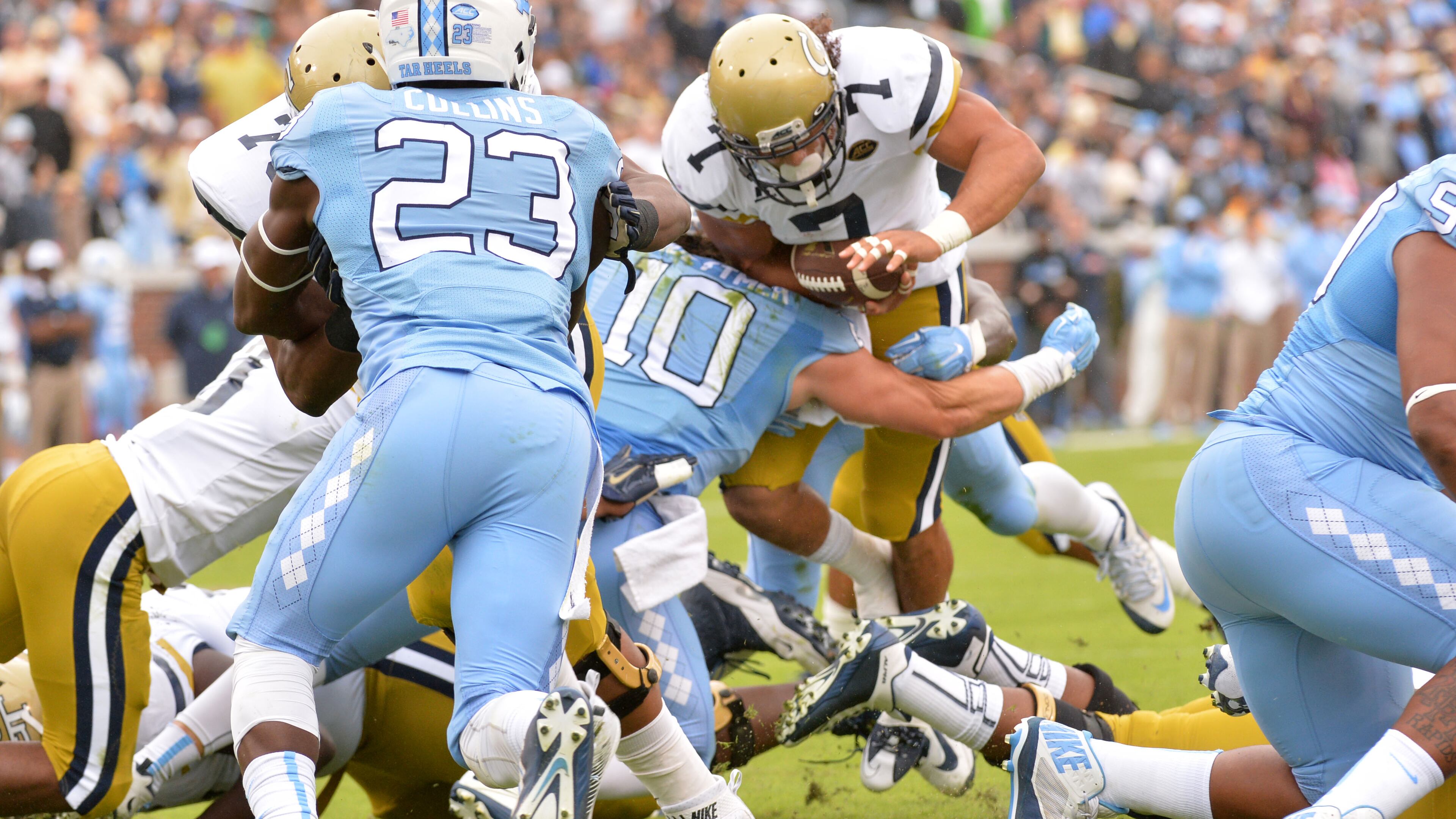 Georgia Tech B-back Patrick Skov has scored three touchdowns from the 5-yard line or inside this season. (AJC photo by Hyosub Shin) October 3, 2015 Atlanta - Georgia Tech Yellow Jackets fullback Patrick Skov (7) rushes against North Carolina Tar Heels linebacker Jeff Schoettmer (10) in the first half at Bobby Dodd Stadium on Saturday, October 3, 2015. HYOSUB SHIN / HSHIN@AJC.COM