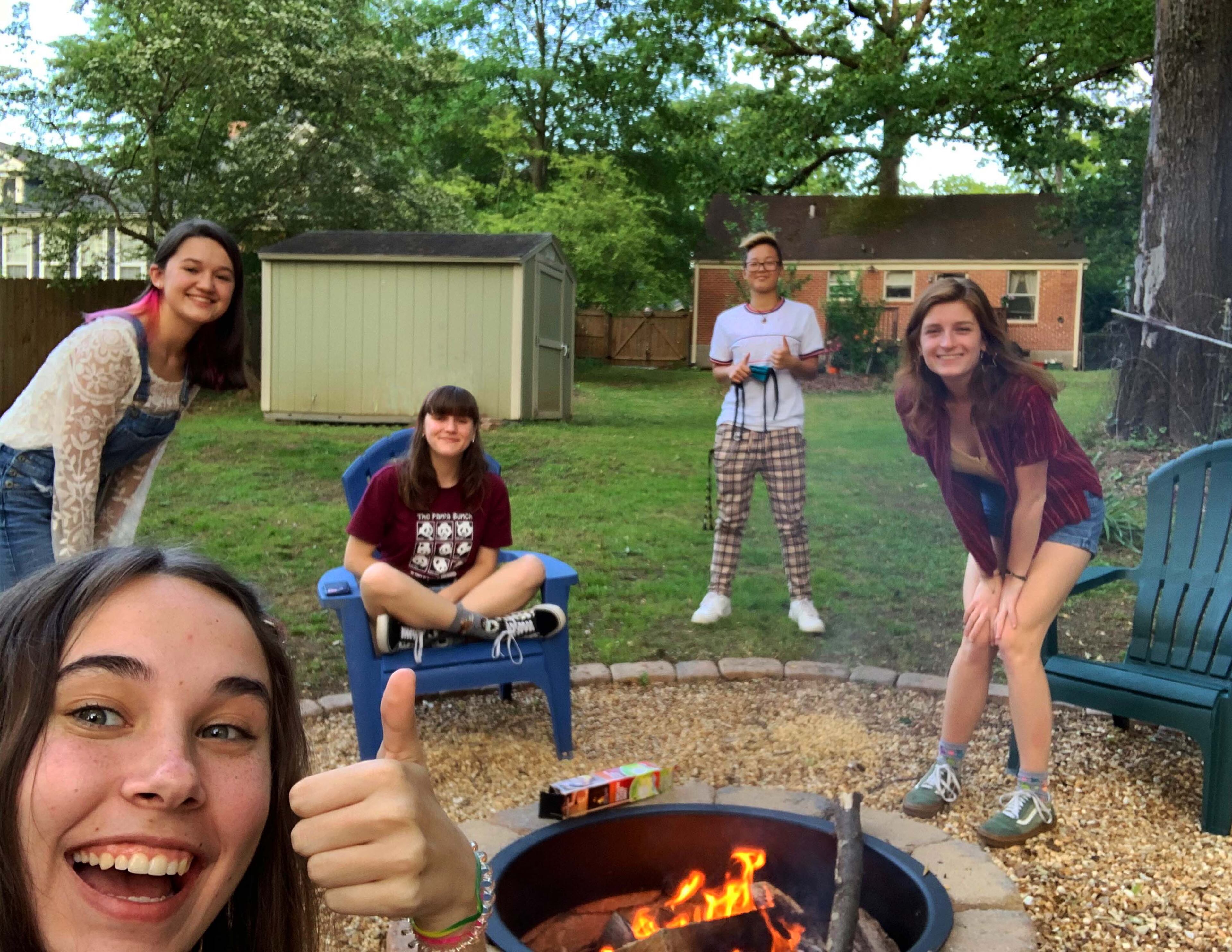 A few of my closest friends and I gathered for a "COVID Campfire" to celebrate my eighteenth birthday.
From left: Abby Duda (thumbs up), Isabella Salazar (2nd from left), Anna McMahon, Eliana Norton, Alix Wagner