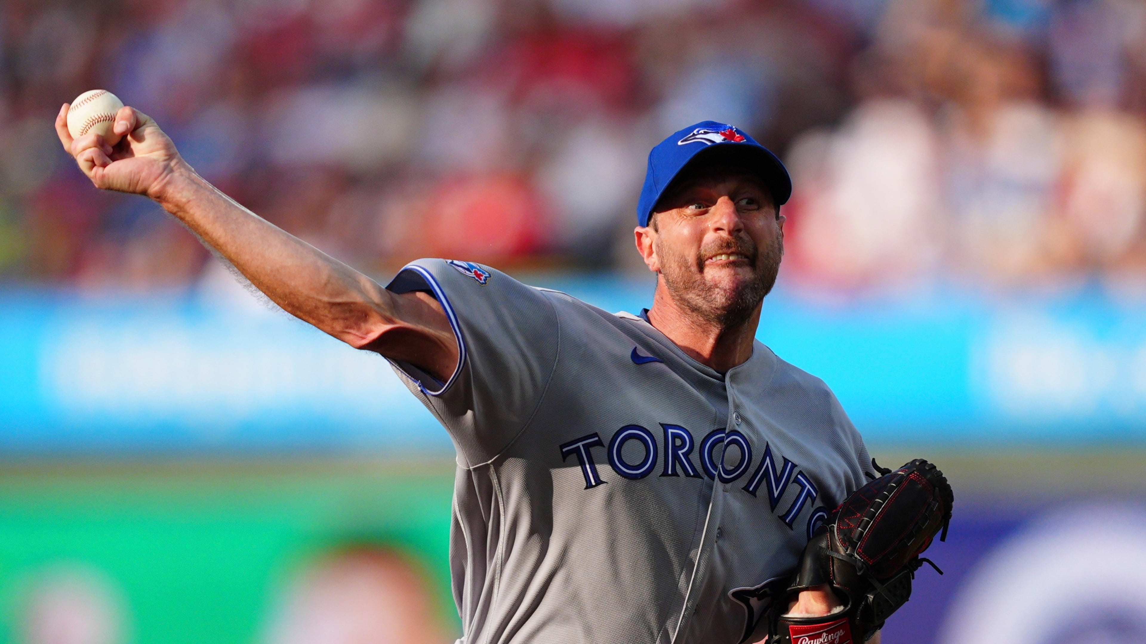 Toronto Blue Jays pitcher Max Scherzer throws during the first inning of a baseball game against the Philadelphia Phillies, Saturday, Aug. 8, 2026, in Philadelphia. (AP Photo/Derik Hamilton)