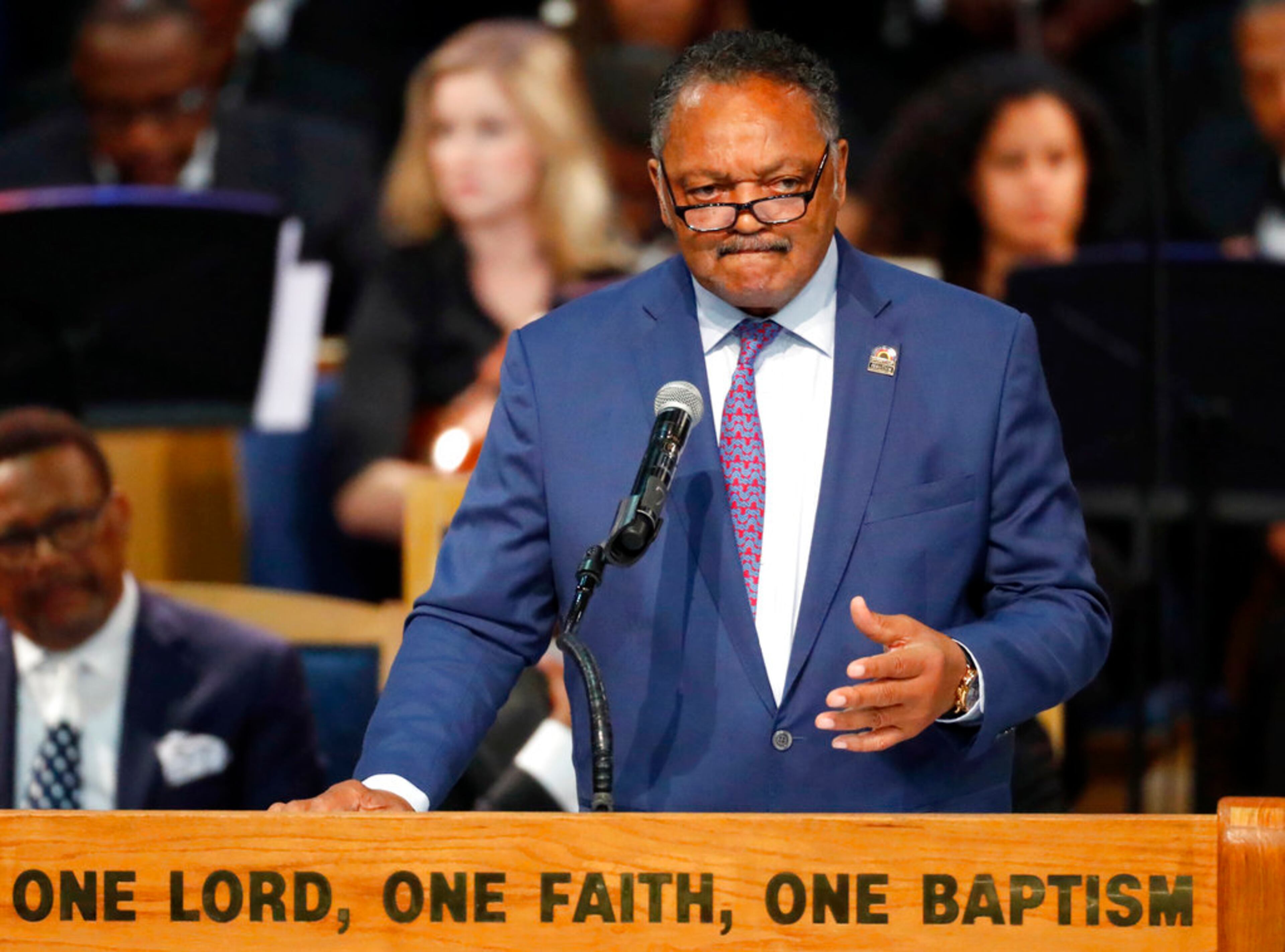 Rev. Jesse Jackson speaks during the funeral service for Aretha Franklin at Greater Grace Temple, Friday, Aug. 31, 2018, in Detroit. Franklin died Aug. 16, 2018 of pancreatic cancer at the age of 76. (AP Photo/Paul Sancya)