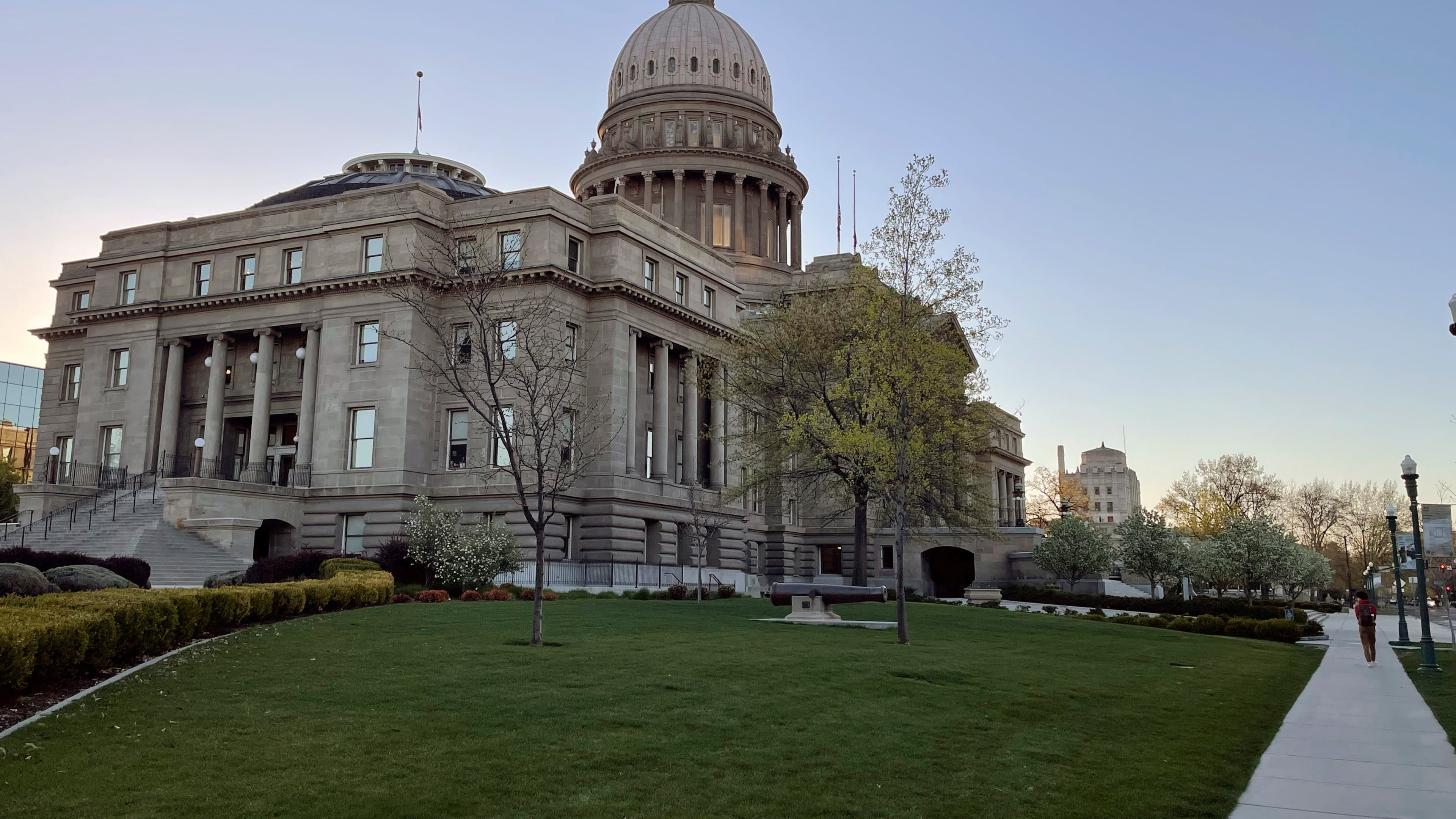 FILE - The Idaho Statehouse is seen at sunrise on April 20, 2021, in Boise, Idaho. (AP Photo/Keith Ridler, File)