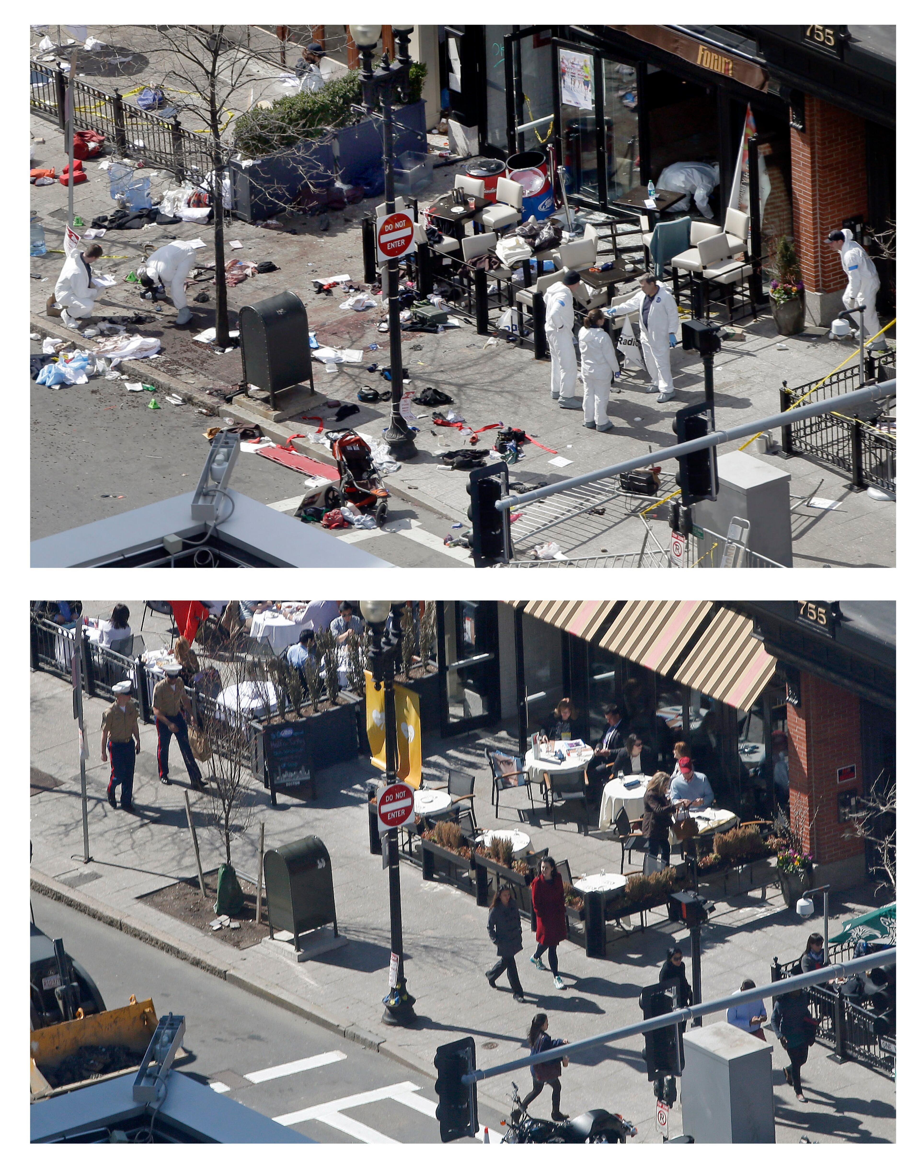 This combination of April 15, 2013 and April 10, 2014 photos show a view of Boylston Street in front of the Forum restaurant, where investigators comb for evidence at the site where the second of two bombs exploded near the finish line of the 2013 Boston Marathon, and pedestrians walking past the same spot almost a year later in Boston. (AP Photo/Elise Amendola)