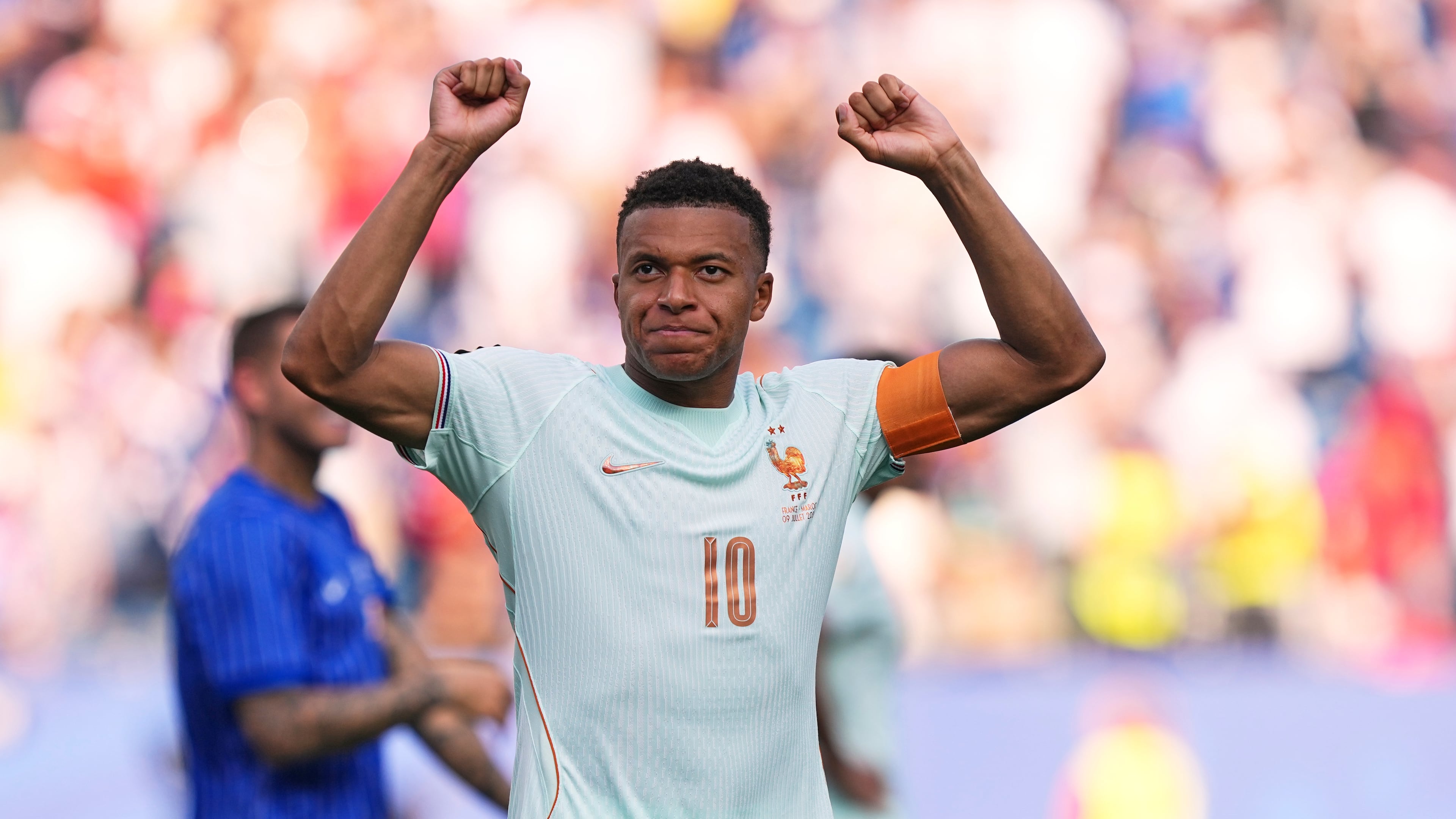 France's Kylian Mbappe celebrates after France defeated Morocco during the World Cup quarterfinal soccer match between France and Morocco in Foxborough, Mass., near Boston, Thursday, July 9, 2026. (AP Photo/Martin Meissner)