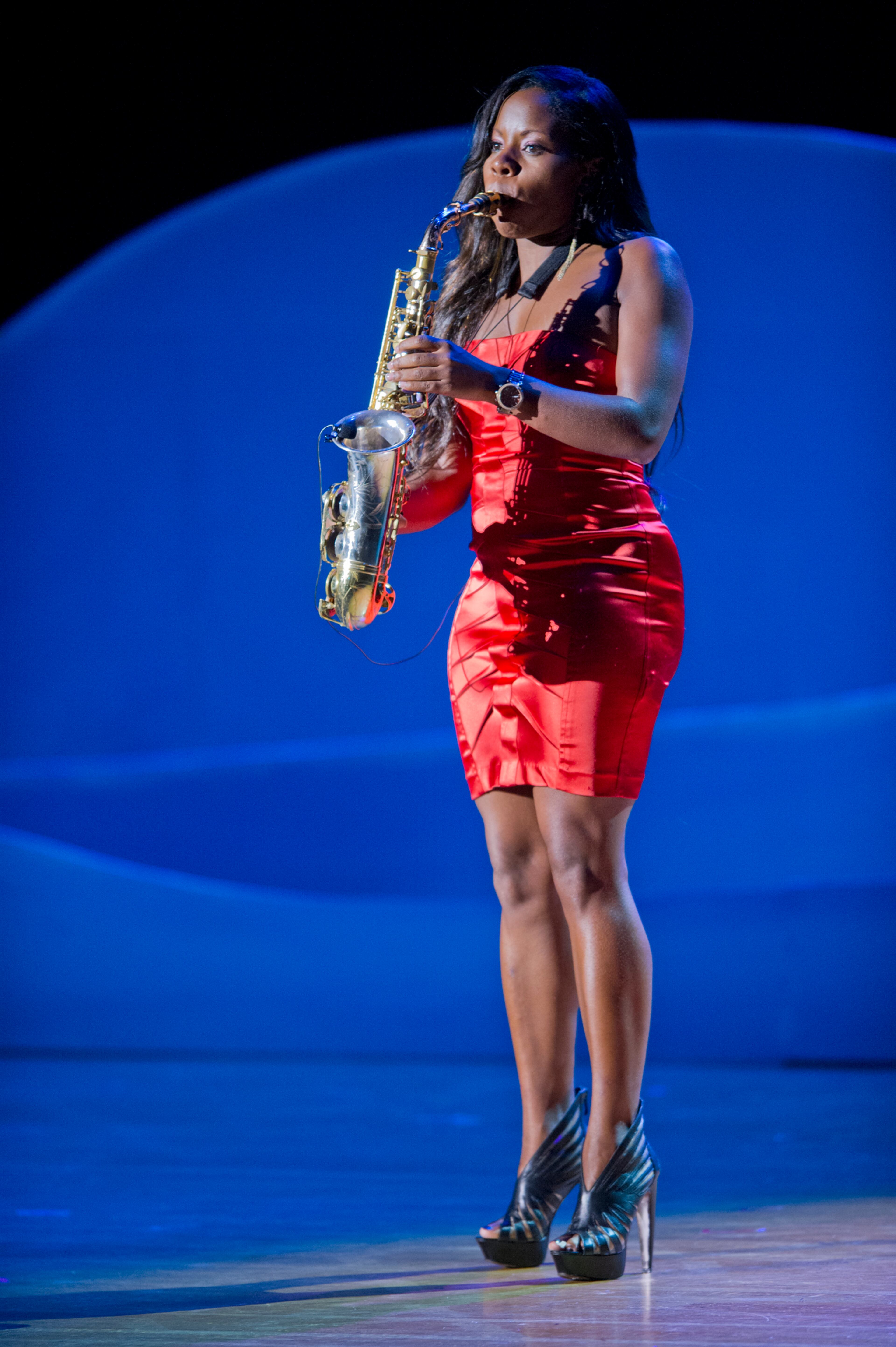 Tia Fuller plays her saxophone as she performs on stage during I've Known Rivers: A Legendary Life, a tribute to Joseph E. Lowery's 92nd birthday celebration at Morehouse College in Atlanta on Sunday, October 6, 2013. The celebration included appearances by Chris Tucker Malcolm Jamal Warner, Jamie Foxx, Tyler Perry and others. JONATHAN PHILLIPS / SPECIAL