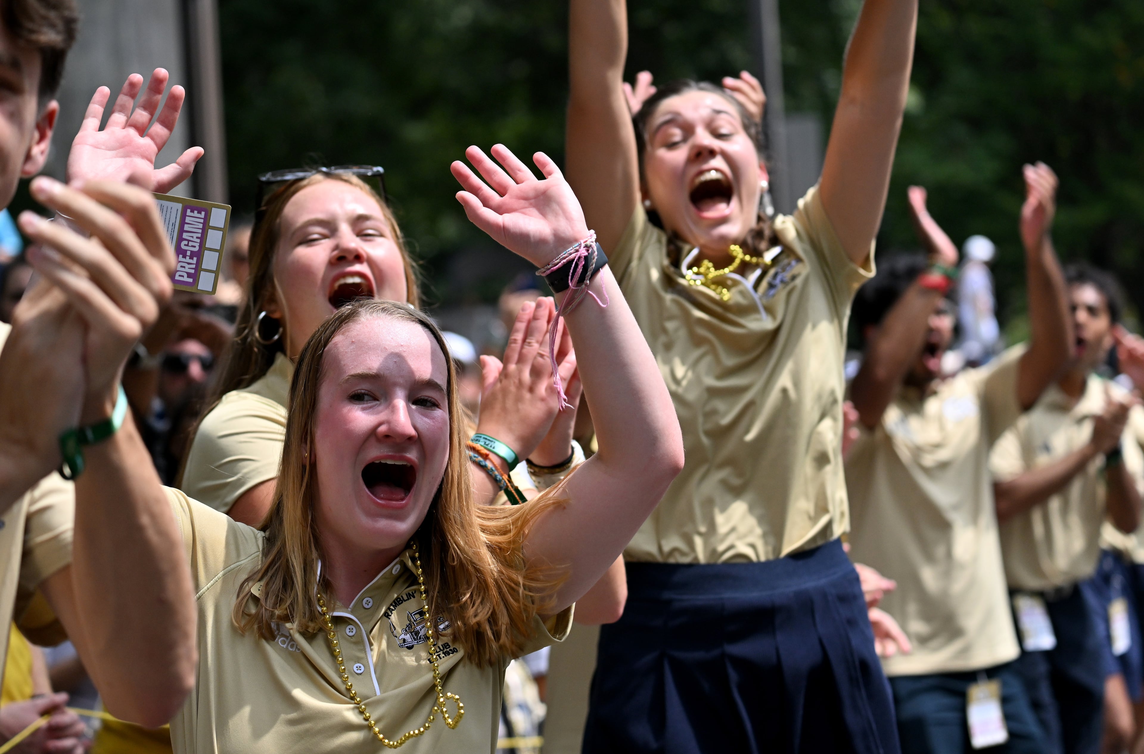 Georgia Tech fans cheer as the team arrives before the start of the Georgia Tech home opener against Gardner-Webb at Georgia Tech's Bobby Dodd Stadium, Saturday, November 6, 2025 in Atlanta. (Hyosub Shin / AJC)