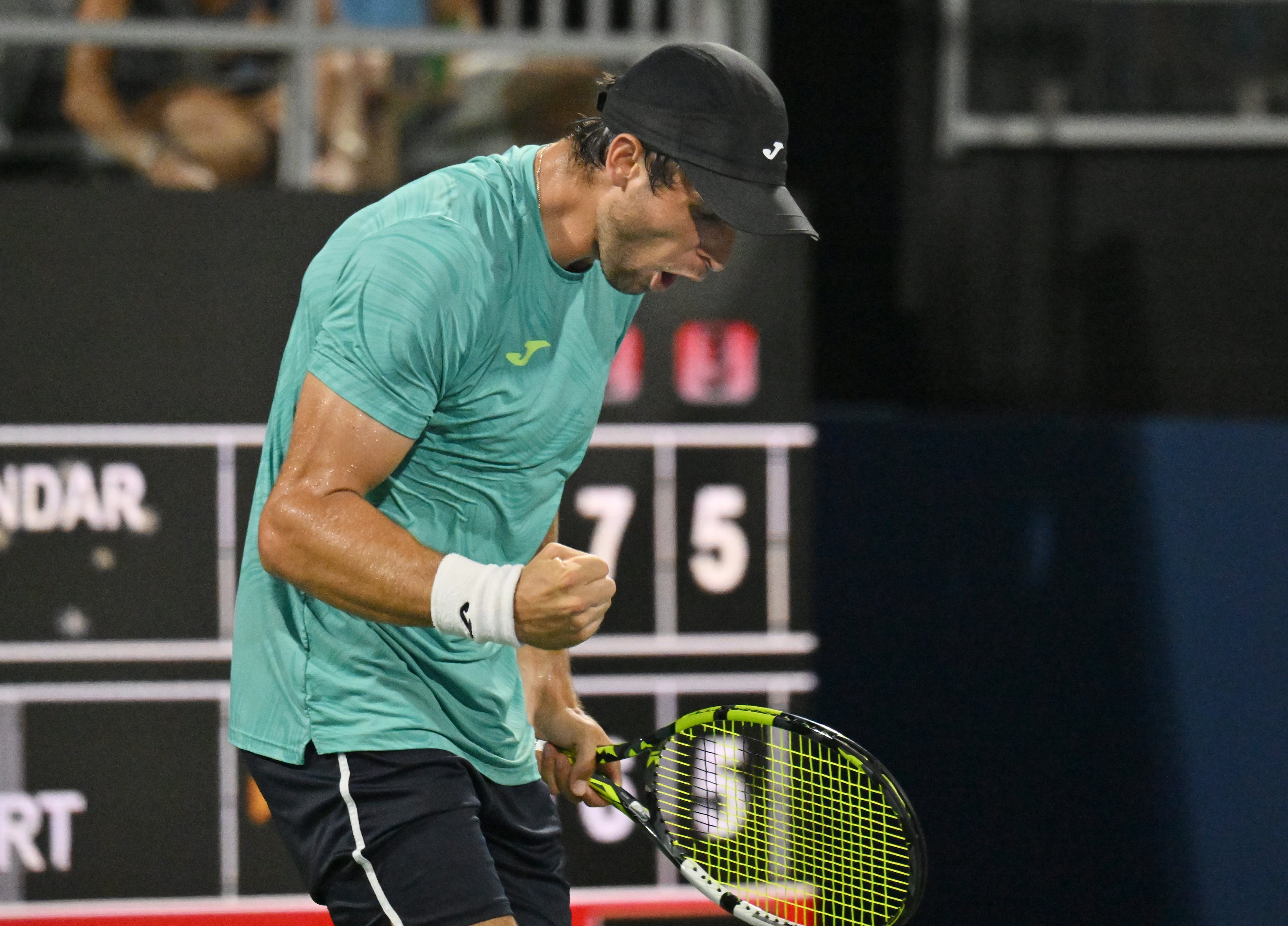 Aleksandar Vukic reacts after a play against Ugo Humbert during a semifinal match at the 2023 Atlanta Tennis Open at Atlantic Station, Saturday, July 29, 2023, in Atlanta. (Hyosub Shin / Hyosub.Shin@ajc.com)
