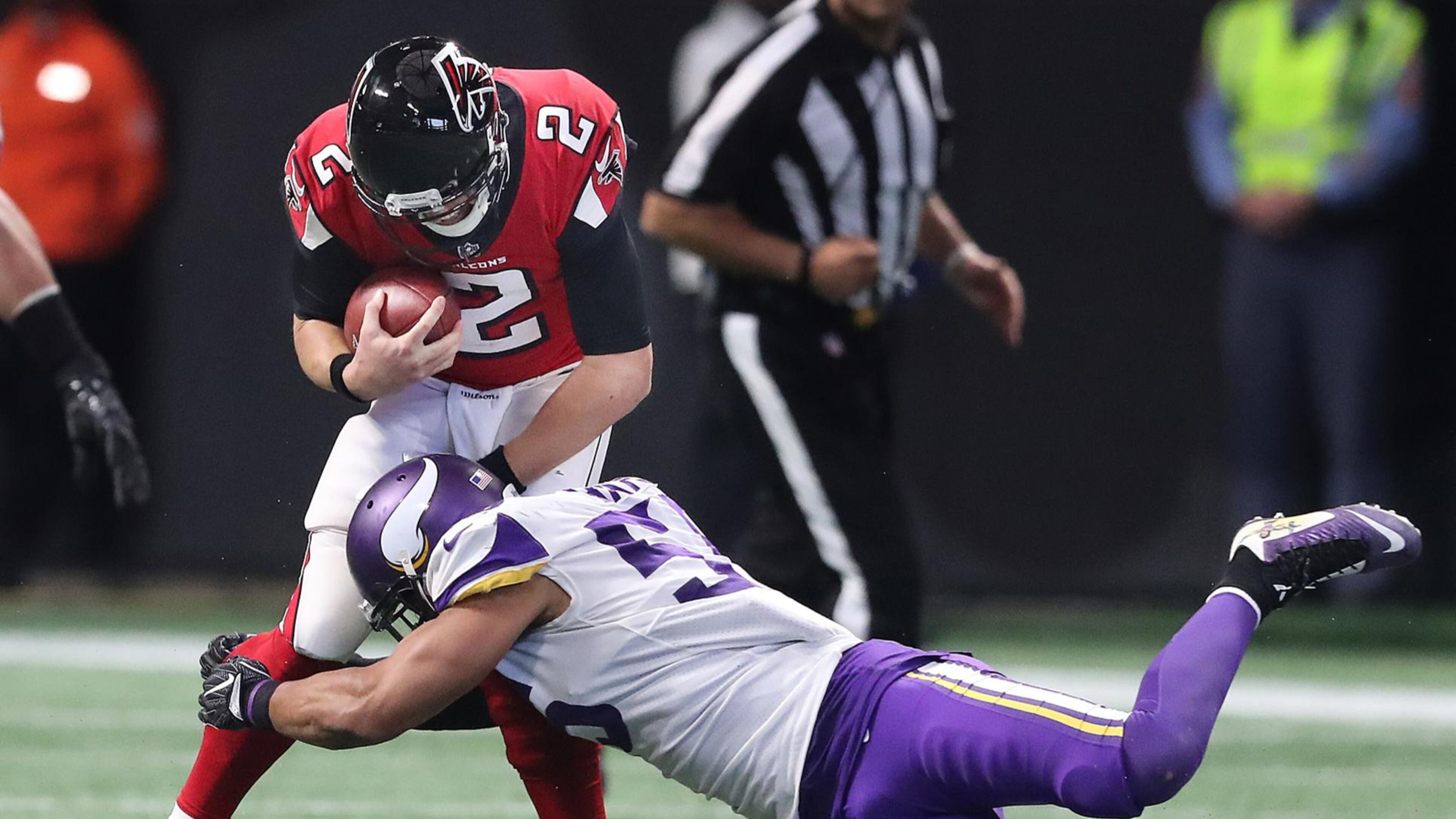 December 3, 2017 Atlanta: Falcons quarterback Matt Ryan is tackled by Vikings linebacker Anthony Barr on a quarterback keeper during the second half in a NFL football game on Sunday, December 3, 2017, in Atlanta. Curtis Compton/ccompton@ajc.com