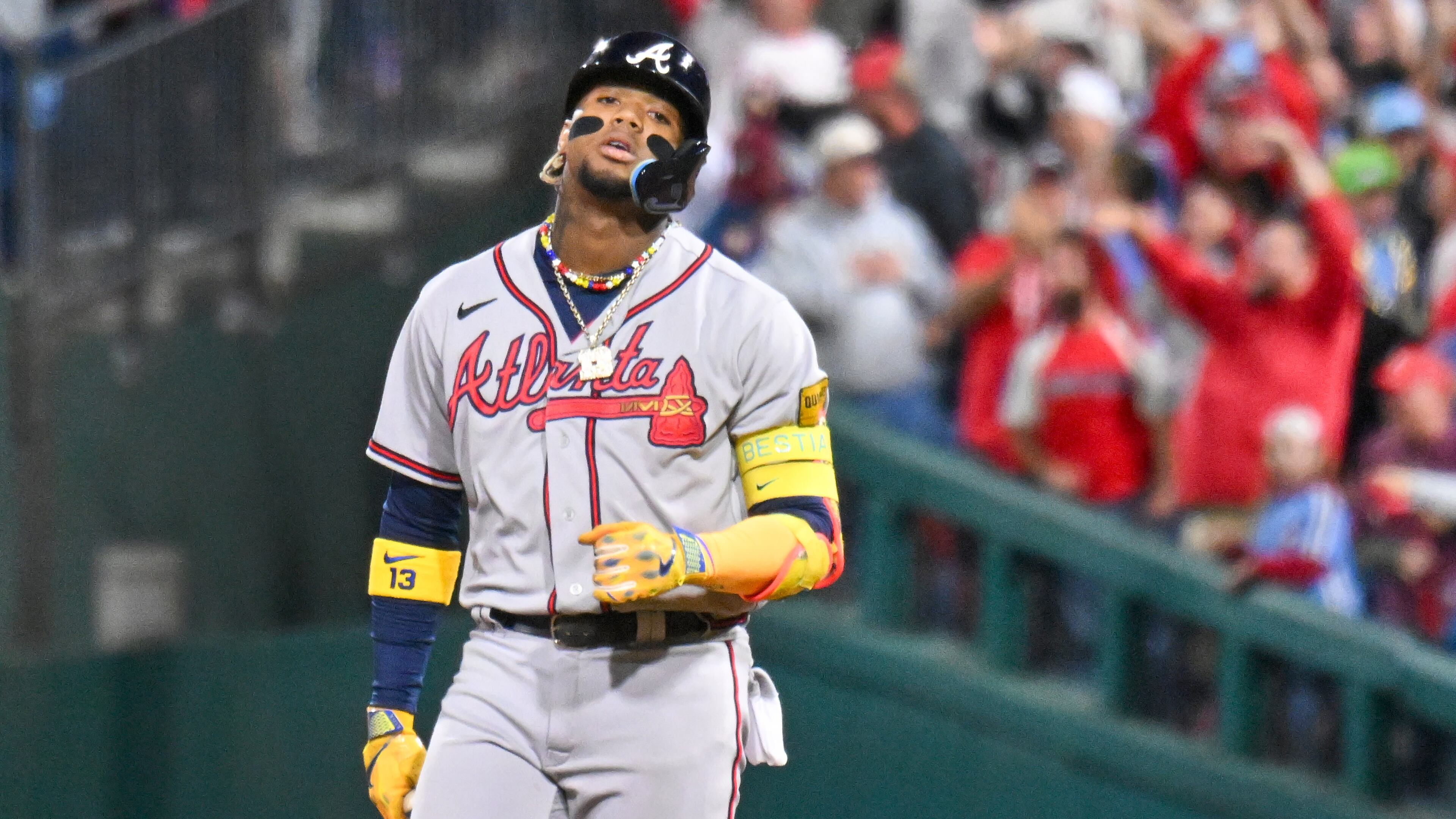 Atlanta Brave’ Ronald Acuna Jr. reacts after a fly out to the Philadelphia Phillies during the seventh inning of NLDS Game 4 at Citizens Bank Park in Philadelphia on Thursday, Oct. 12, 2023. (Hyosub Shin / Hyosub.Shin@ajc.com)