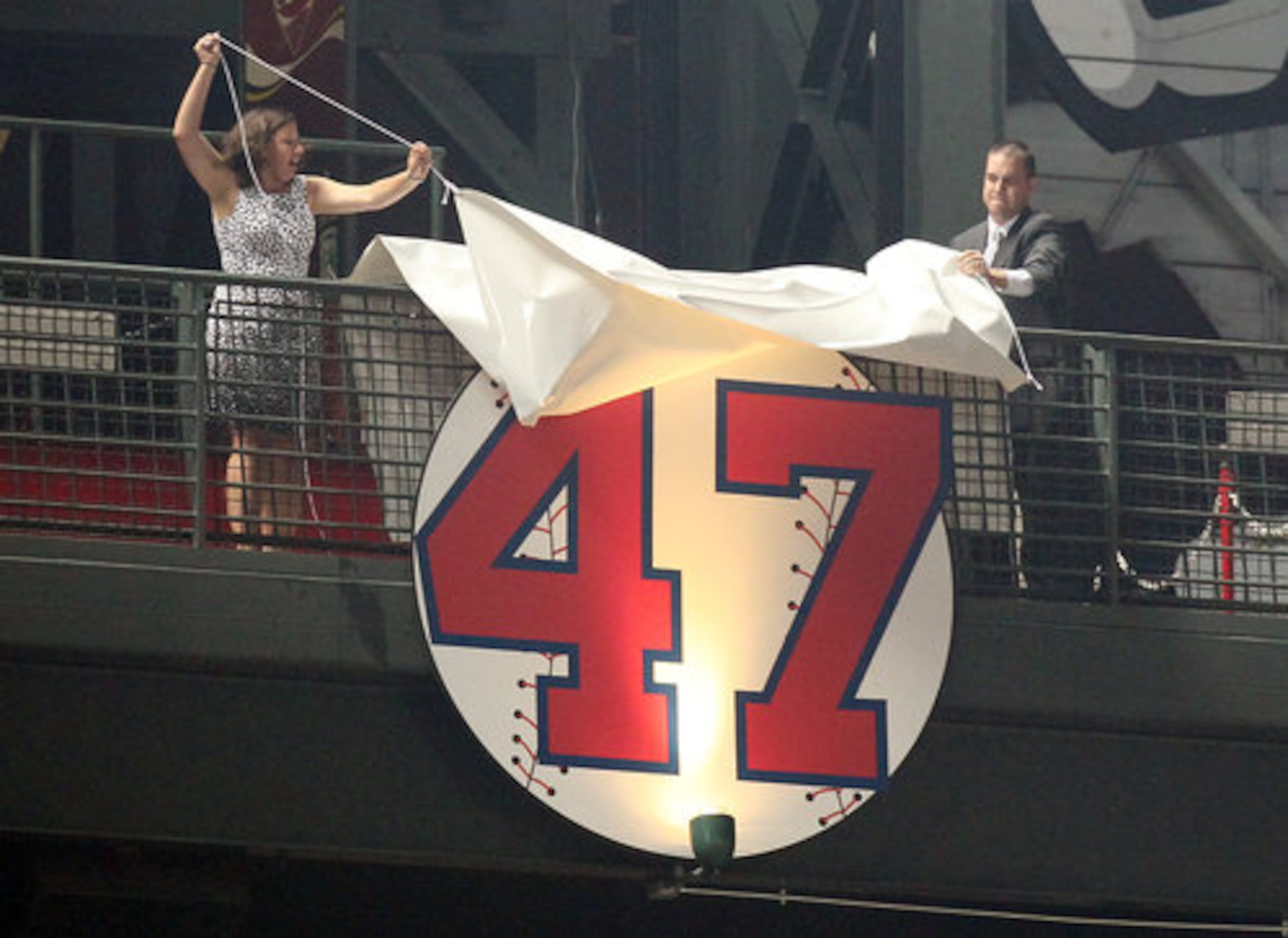 The Atlanta Braves honor Tom Glavine with a uniform number retirement in a pre-game ceremony at Turner Field in Atlanta, Friday, August 6, 2010, before the game vs. the San Francisco Giants. Glavine's # 47 is the seventh Braves uniform number to be retired, joining Hank Aaron (44), Eddie Mathews (41), Dale Murphy (3), Phil Niekro (35), Warren Spahn (21), and Greg Maddux (31).