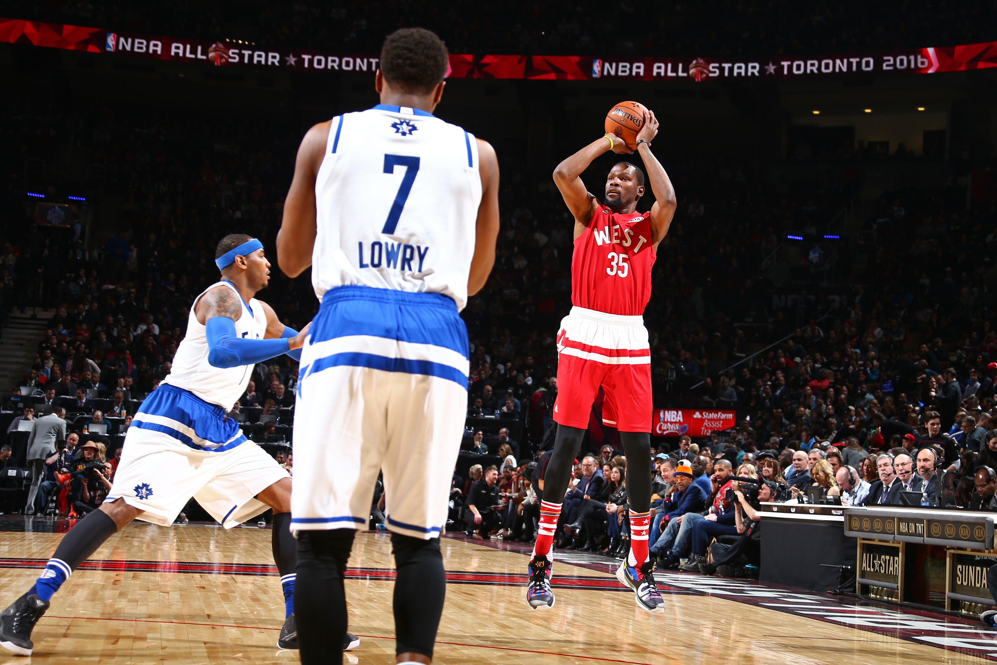 TORONTO, CANADA - FEBRUARY 14: Kevin Durant #35 of the Western Conference shoots the ball during the NBA All-Star Game as part of 2016 NBA All-Star Weekend on February 14, 2016 at the Air Canada Centre in Toronto, Ontario, Canada. (Photo by Nathaniel S. Butler/NBAE via Getty Images)