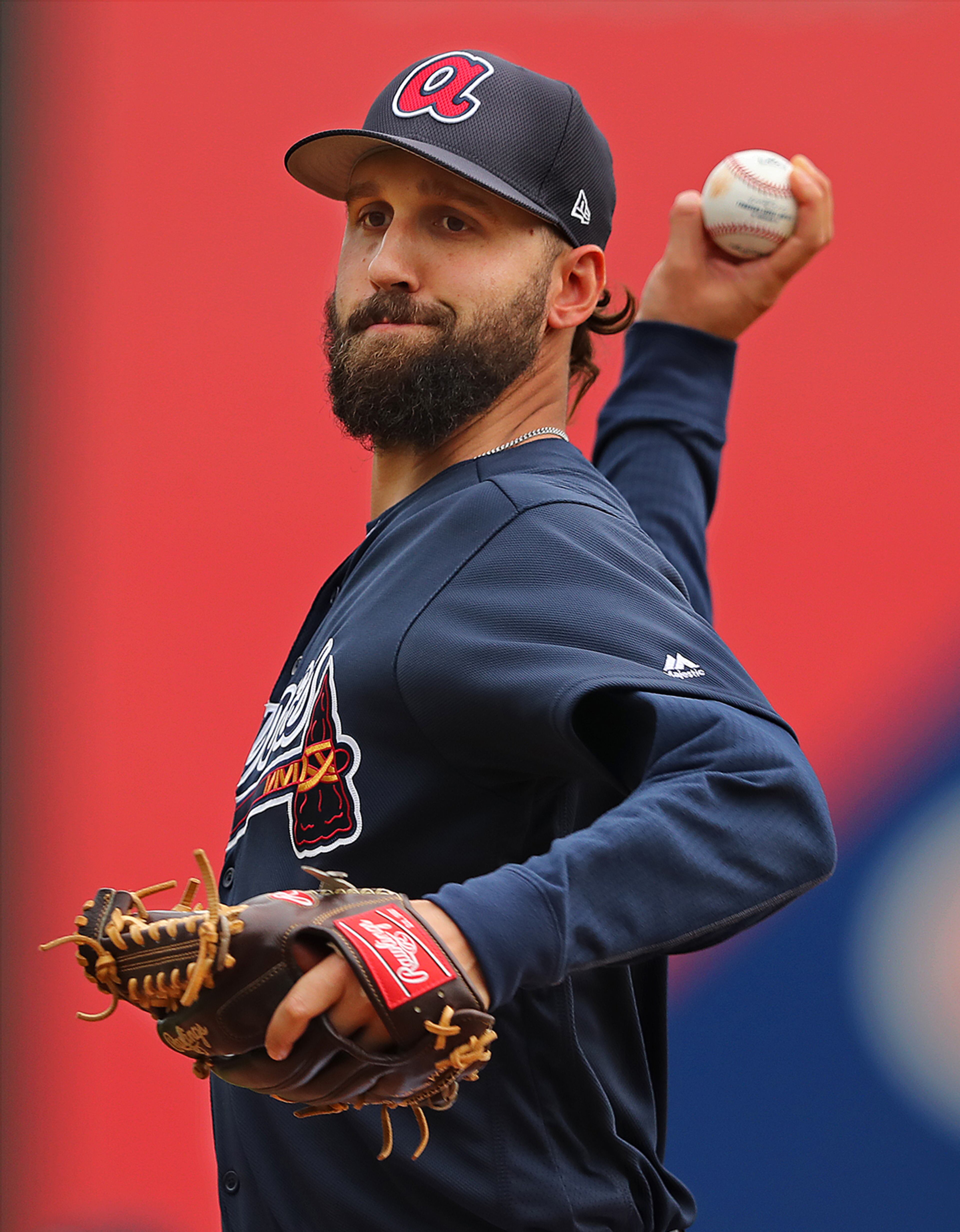 February 18, 2017, Lake Buena Vista, FL: Atlanta Braves pitcher Chaz Roe delivers a pitch during the first full squad workout at Champion Stadium on Saturday Feb. 18, 2017, at the ESPN Wide World of Sports in Lake Buena Vista. Curtis Compton/ccompton@ajc.com