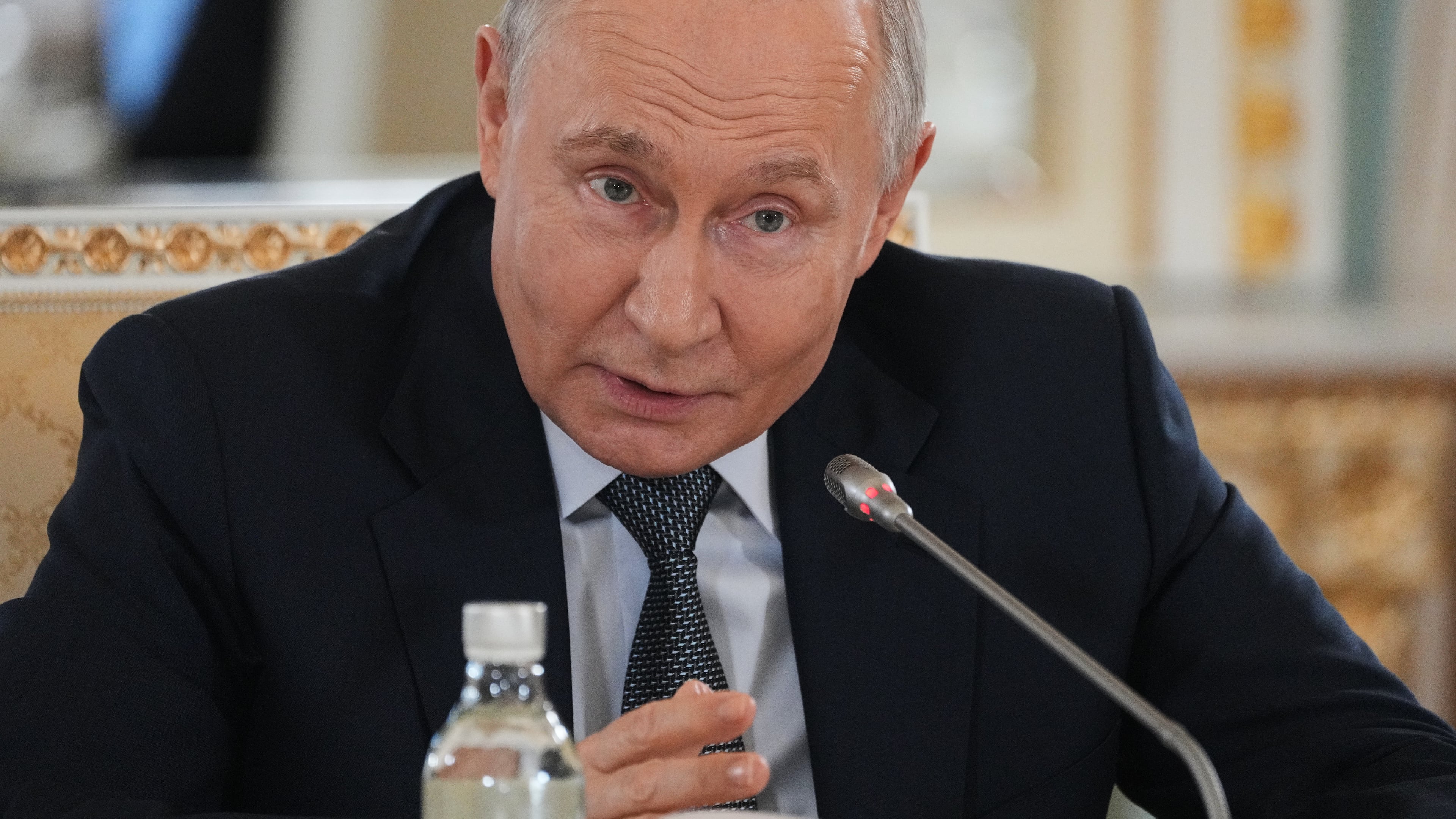 Russian President Vladimir Putin speaks to representatives of international news agencies on the sidelines of the St. Petersburg International Economic Forum at the Constantine Palace in St. Petersburg, Russia, on Thursday, June 4, 2026. (AP Photo/Dmitri Lovetsky, Pool)