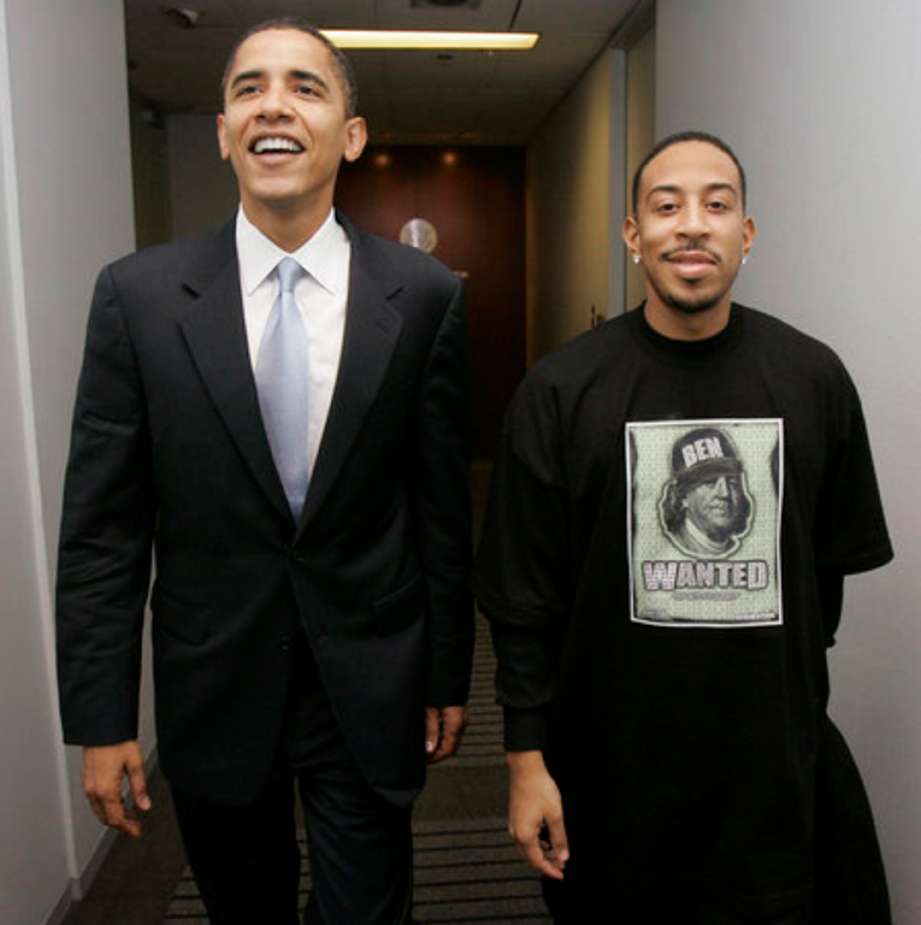 Obama and rapper Ludacris leave the senator's Chicago offices after a meeting in late 2006. Obama's campaign came under fire in July for a rhyme by Ludacris which was described as being offensive to several in political office.