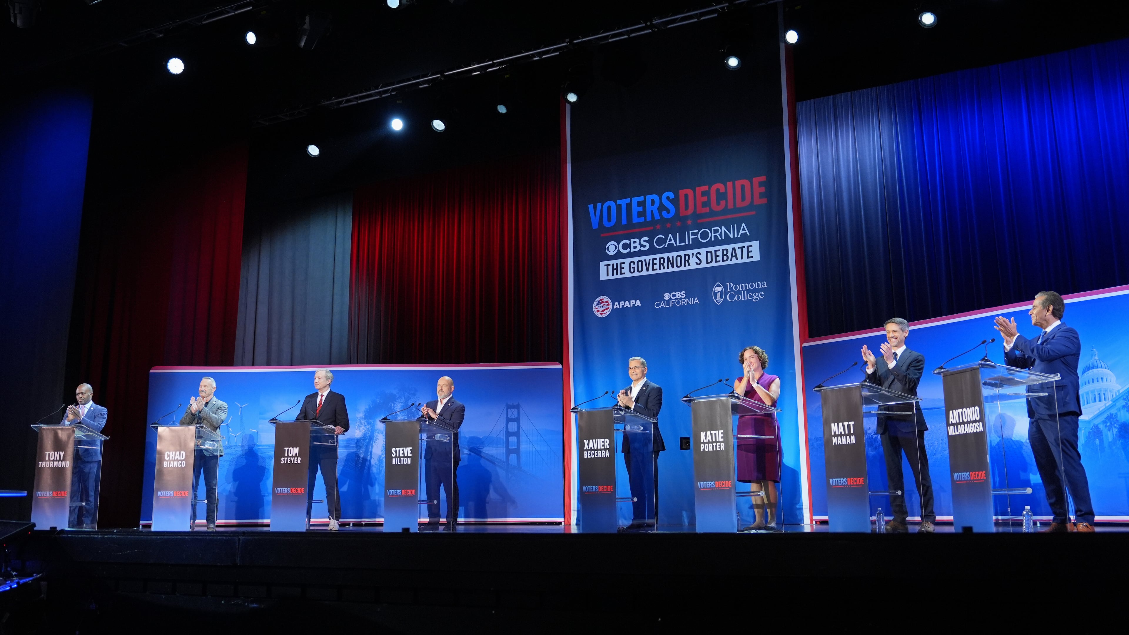 From left, Tony Thurmond, Chad Bianco, Tom Steyer, Steve Hilton, Xavier Becerra, Katie Porter, Matt Mahan and Antonio Villaraigosa participate in a gubernatorial debate hosted by CBS LA at Pomona College in Claremont, Calif., Tuesday, April 28, 2026. (AP Photo/Jae C. Hong)